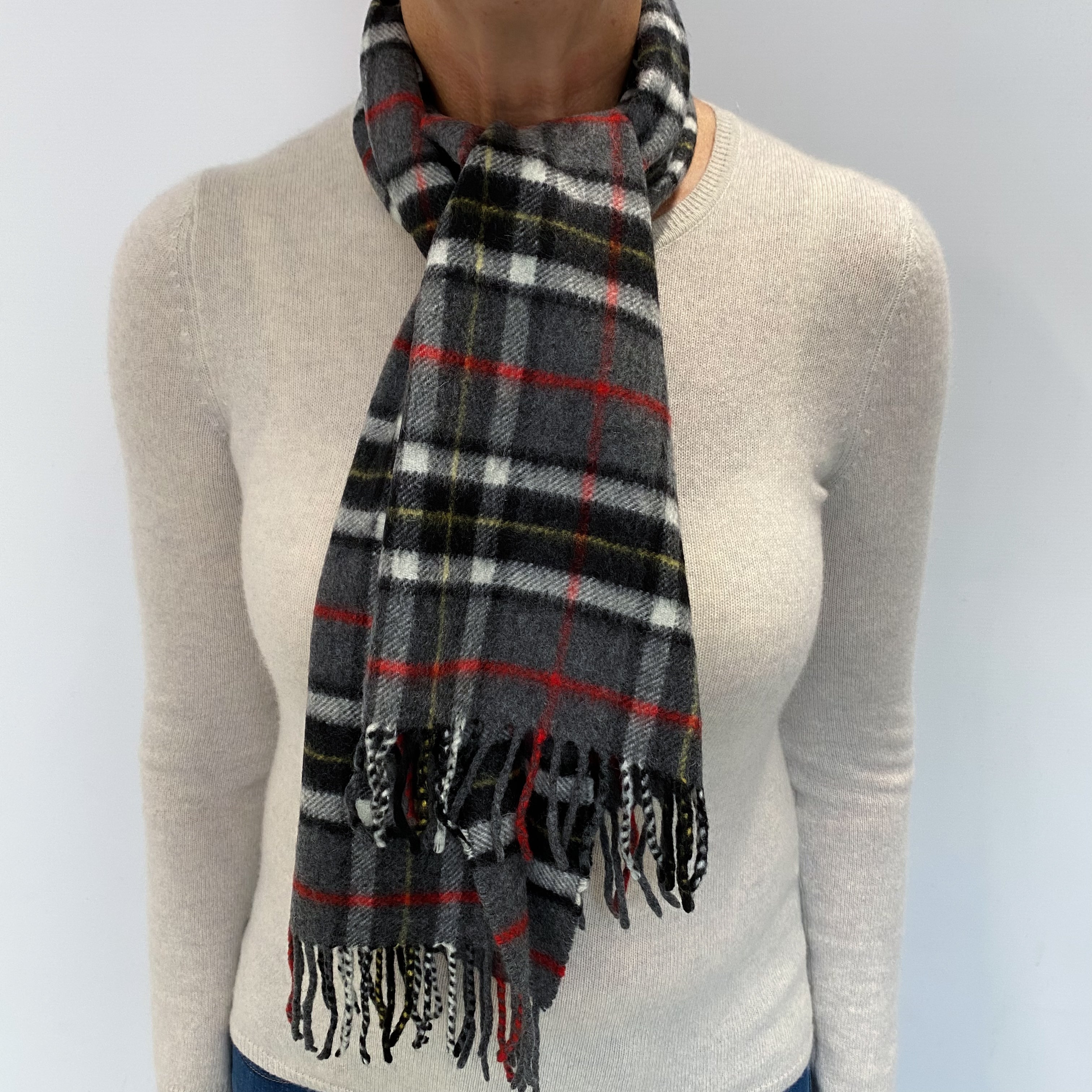 Scottish Grey and Red Checked Cashmere Woven Fringed Scarf