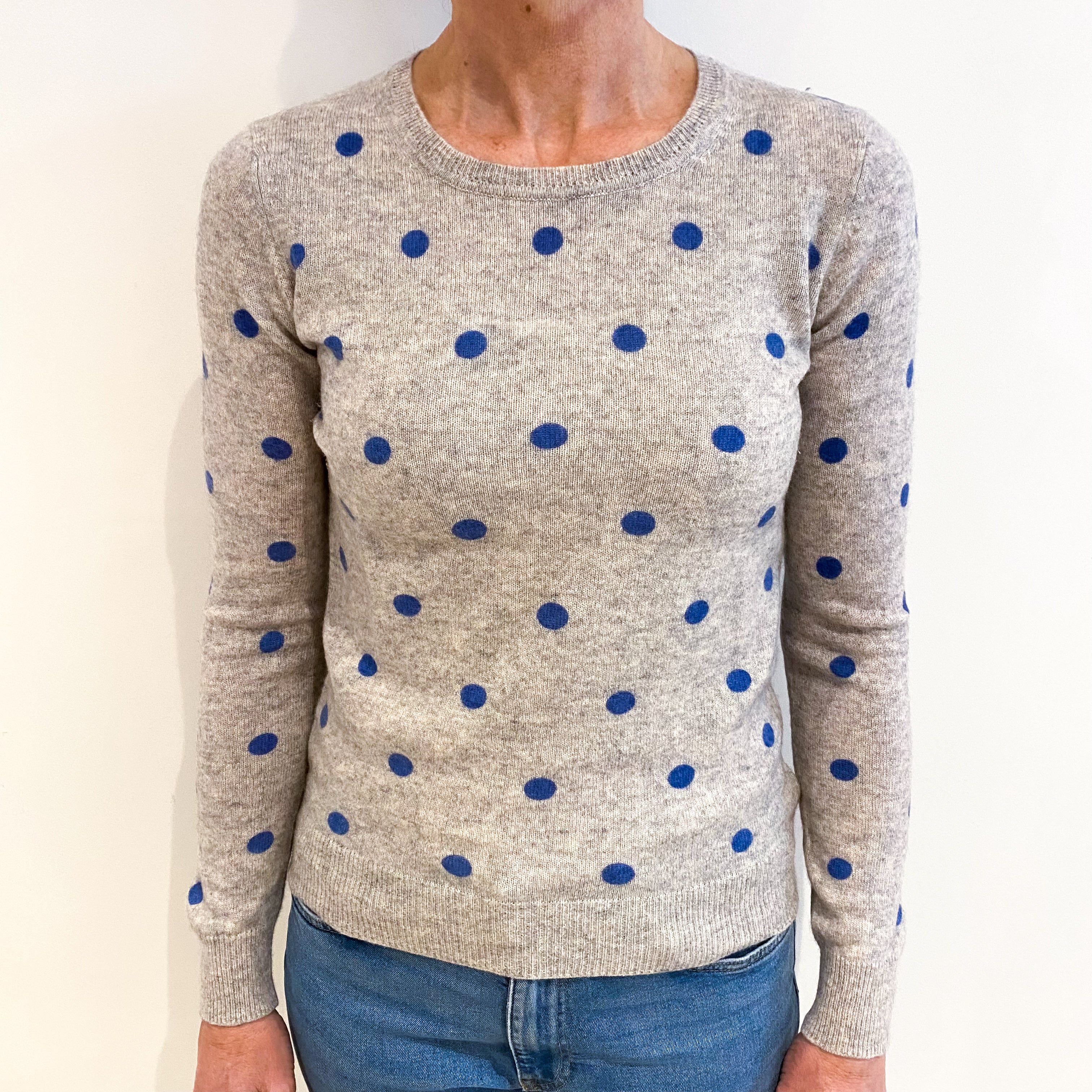 Grey Blue Polka Dot Cashmere Crew Neck Jumper Small