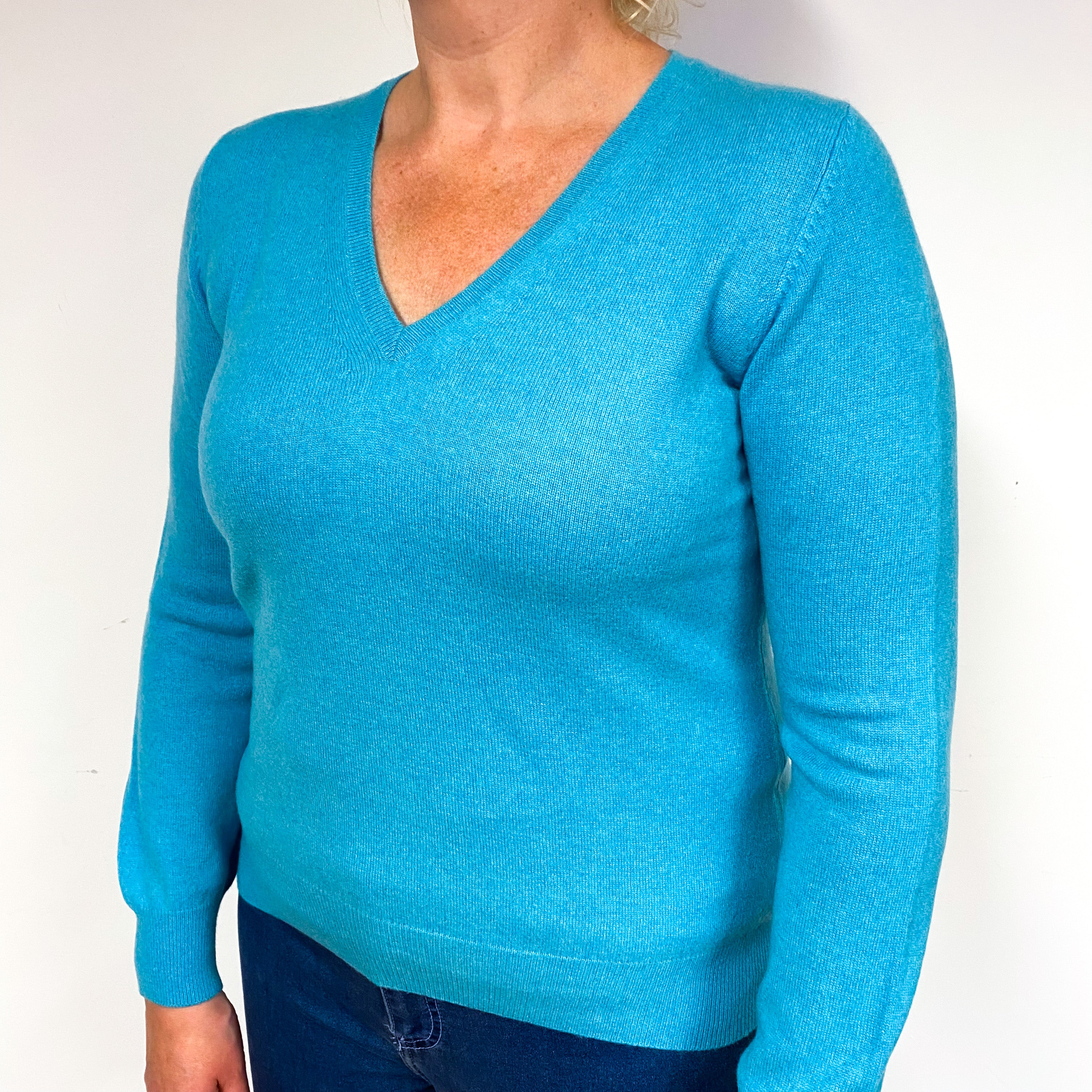 Turquoise Blue Cashmere V-Neck Jumper Large