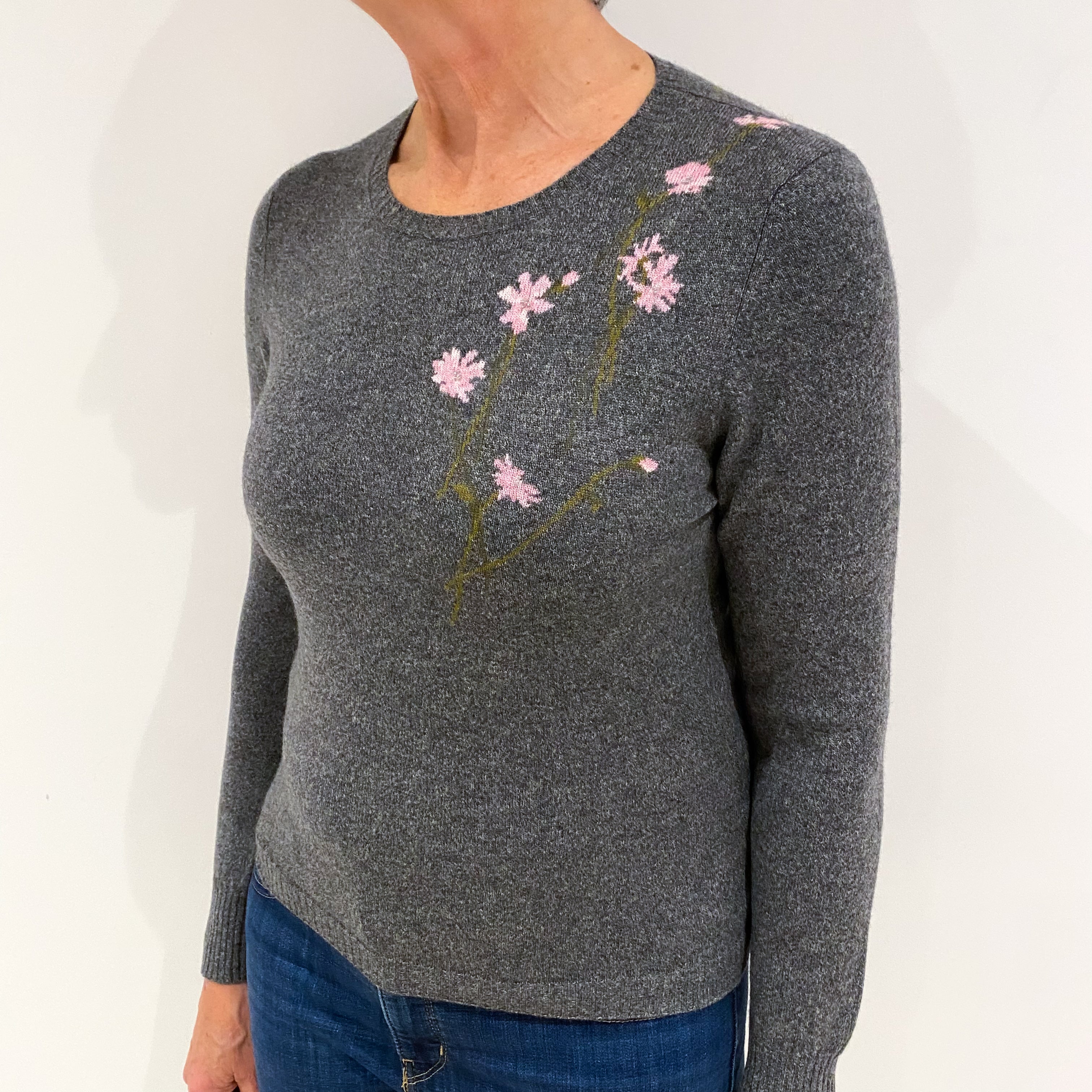 Slate Grey Pink Floral Cashmere Crew Neck Jumper Medium