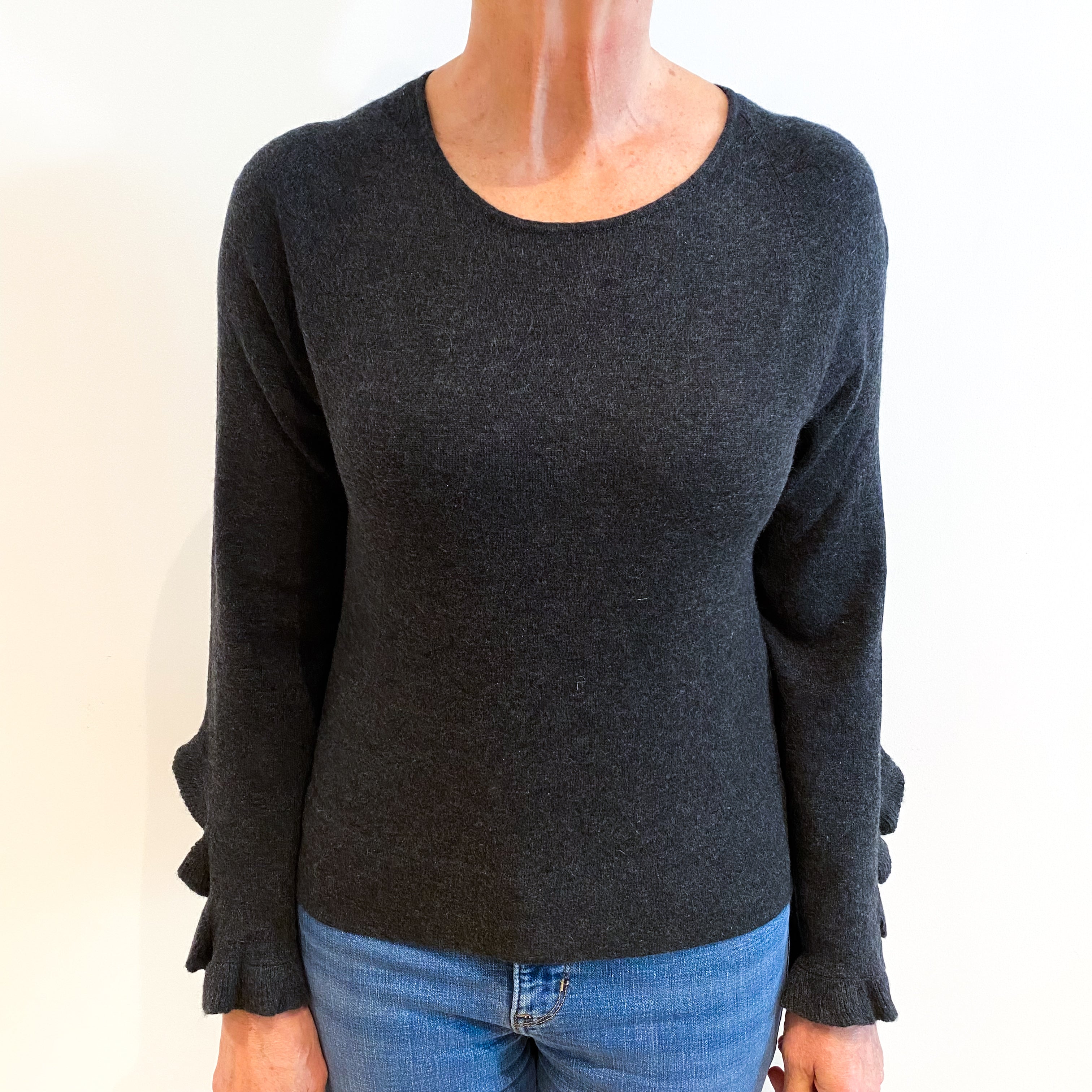 Charcoal Grey Cashmere Crew Neck Jumper With Frill Cuffs Medium