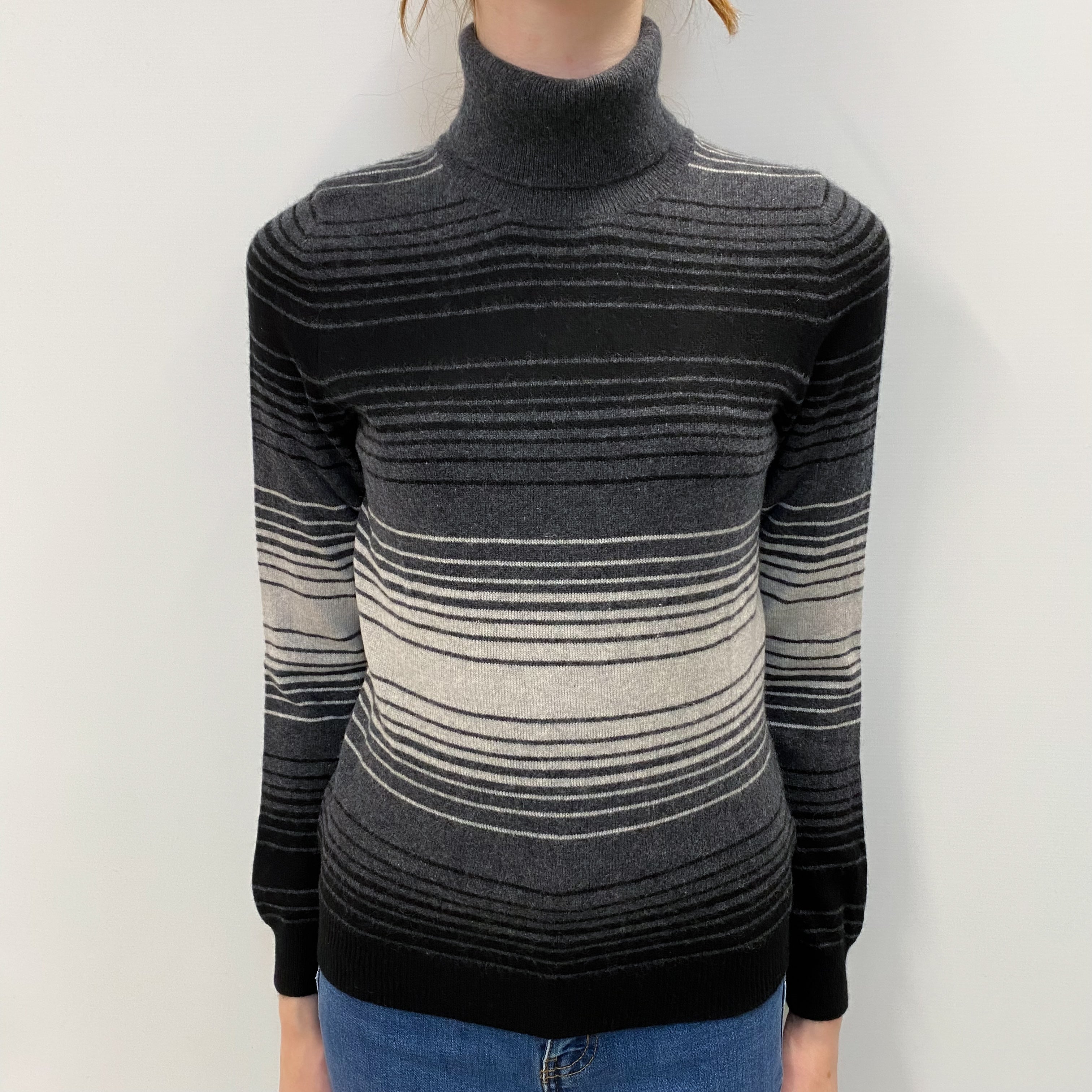 Grey Black Striped Cashmere Polo Neck Jumper Extra Small