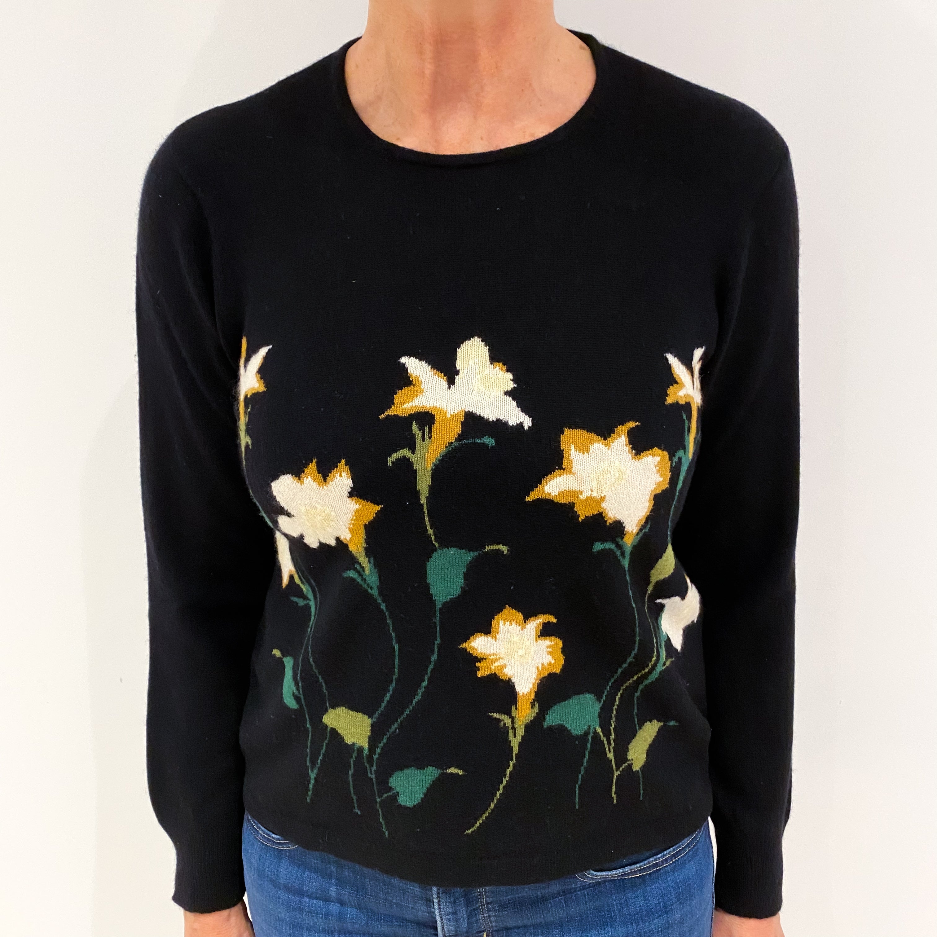 Black Floral Cashmere Crew Neck Jumper Medium