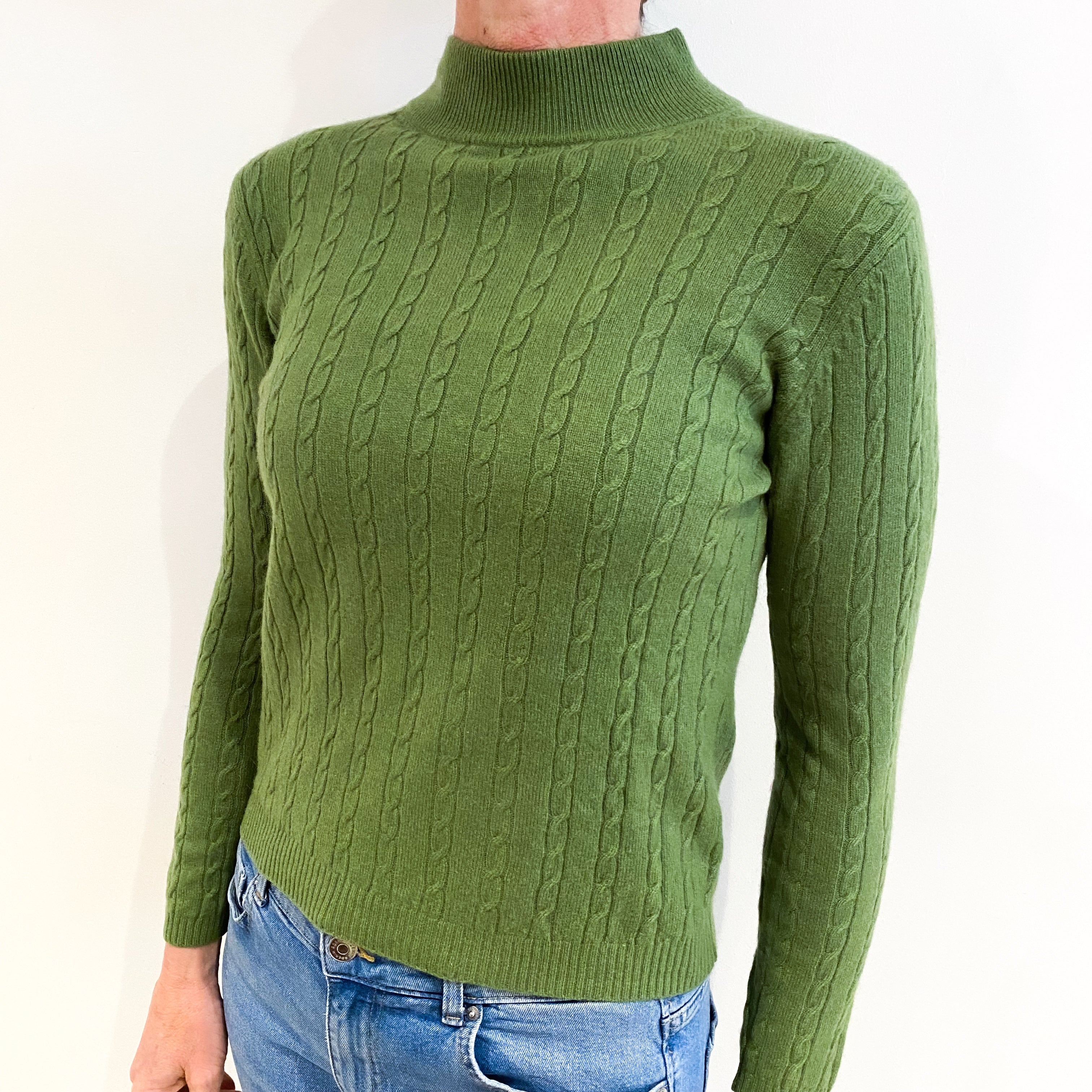 Pear Green Cable Cashmere Turtle Neck Jumper Small