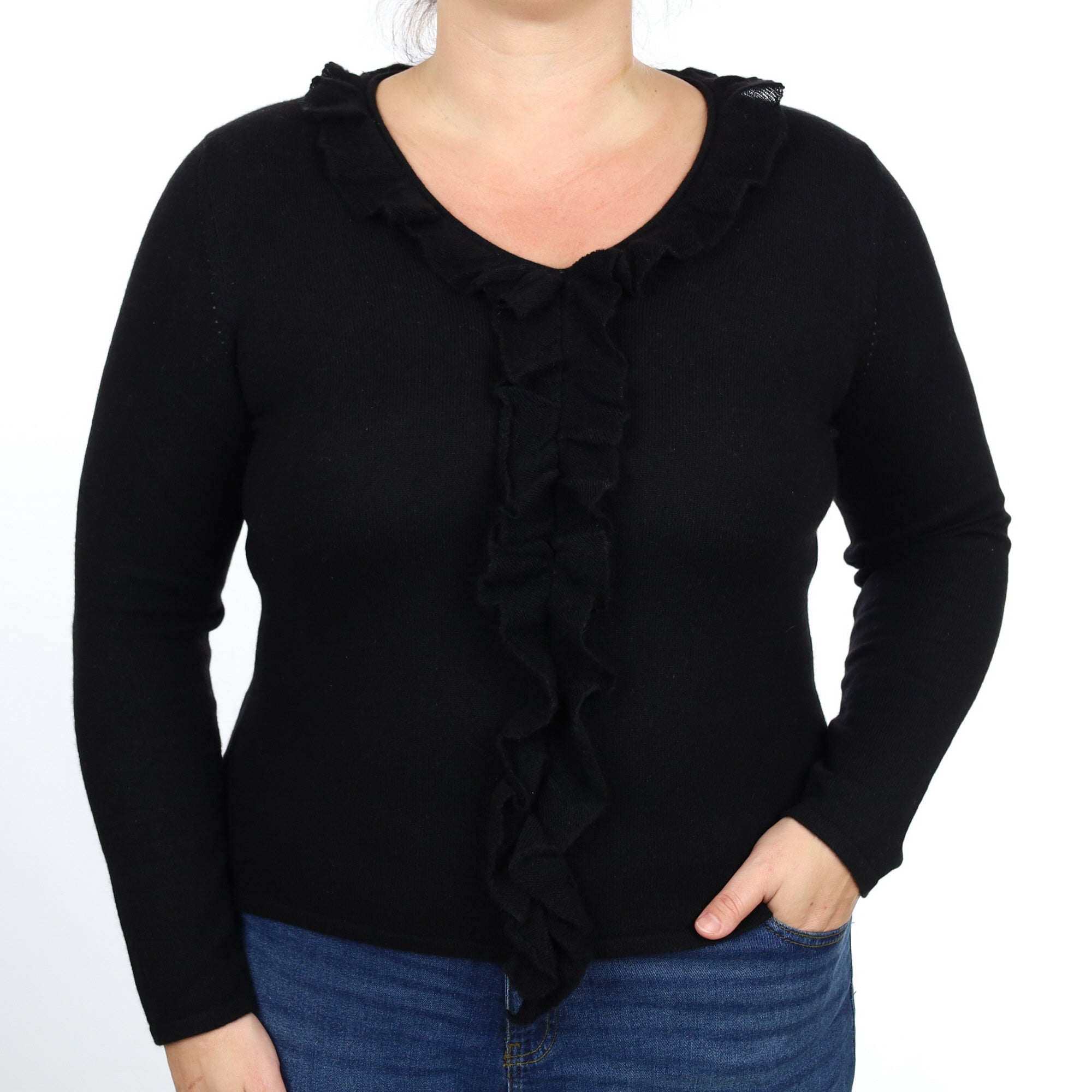 Black Ruffle Trim Cashmere V Neck Jumper Large