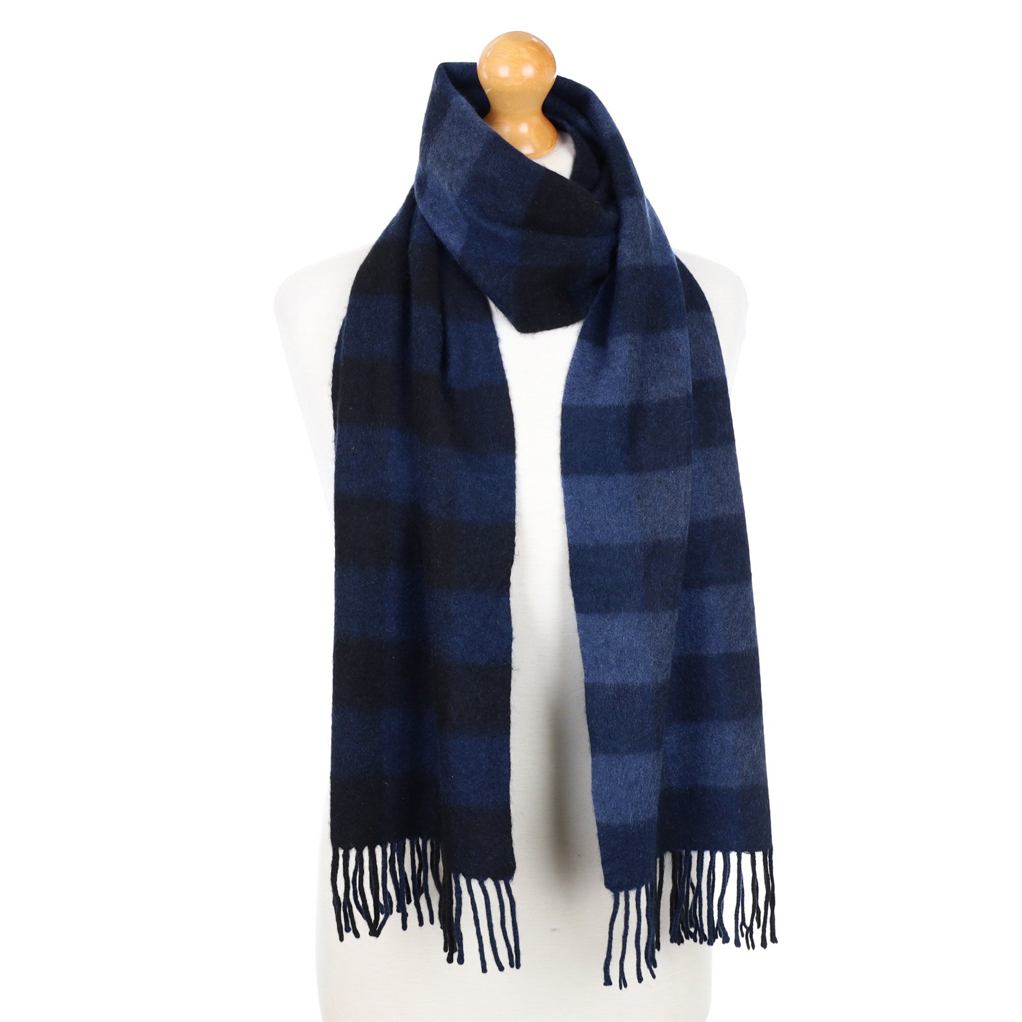 Navy and Black Checked Fringed Cashmere Woven Scarf