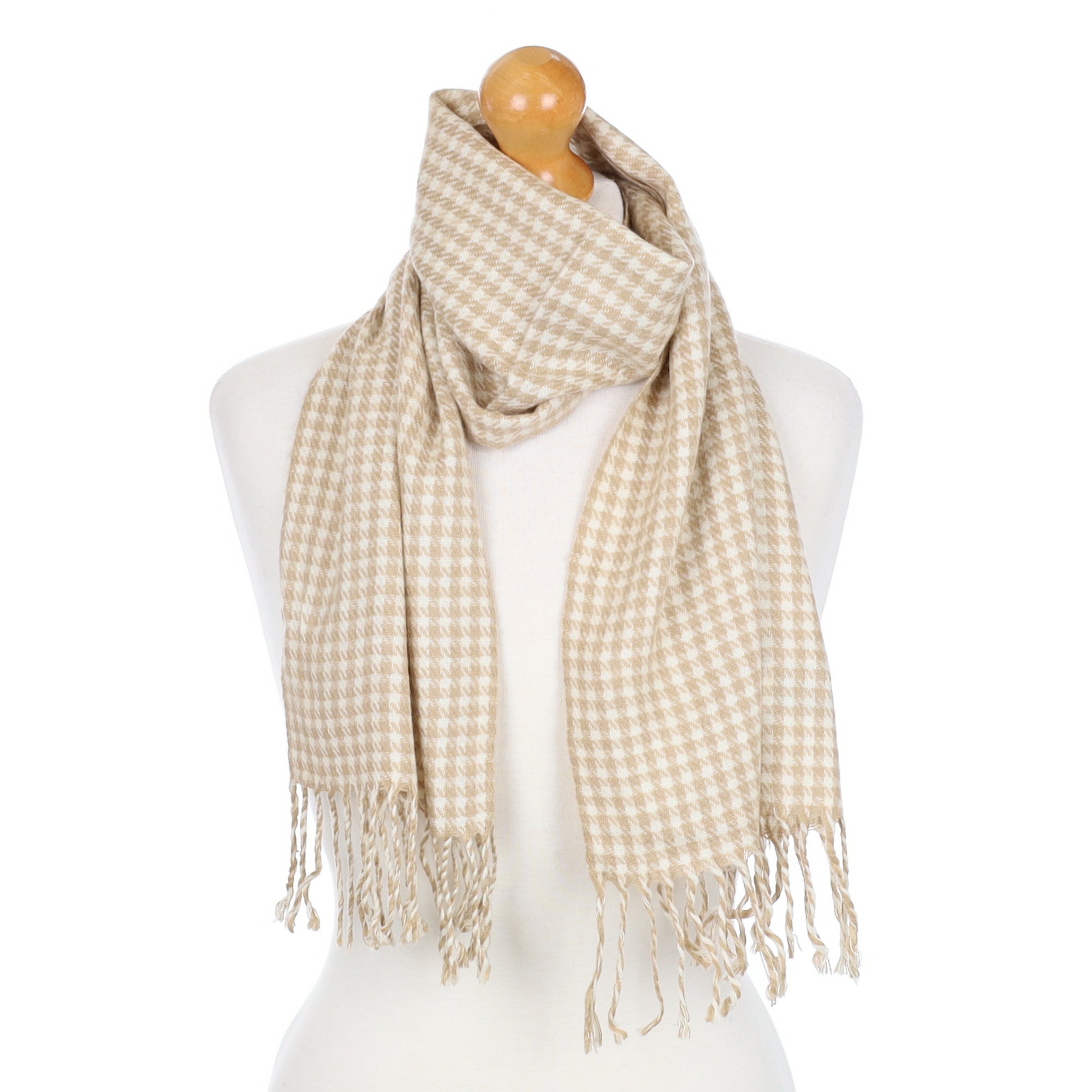 Beige and Cream Dogtooth Fringed Cashmere Woven Scarf