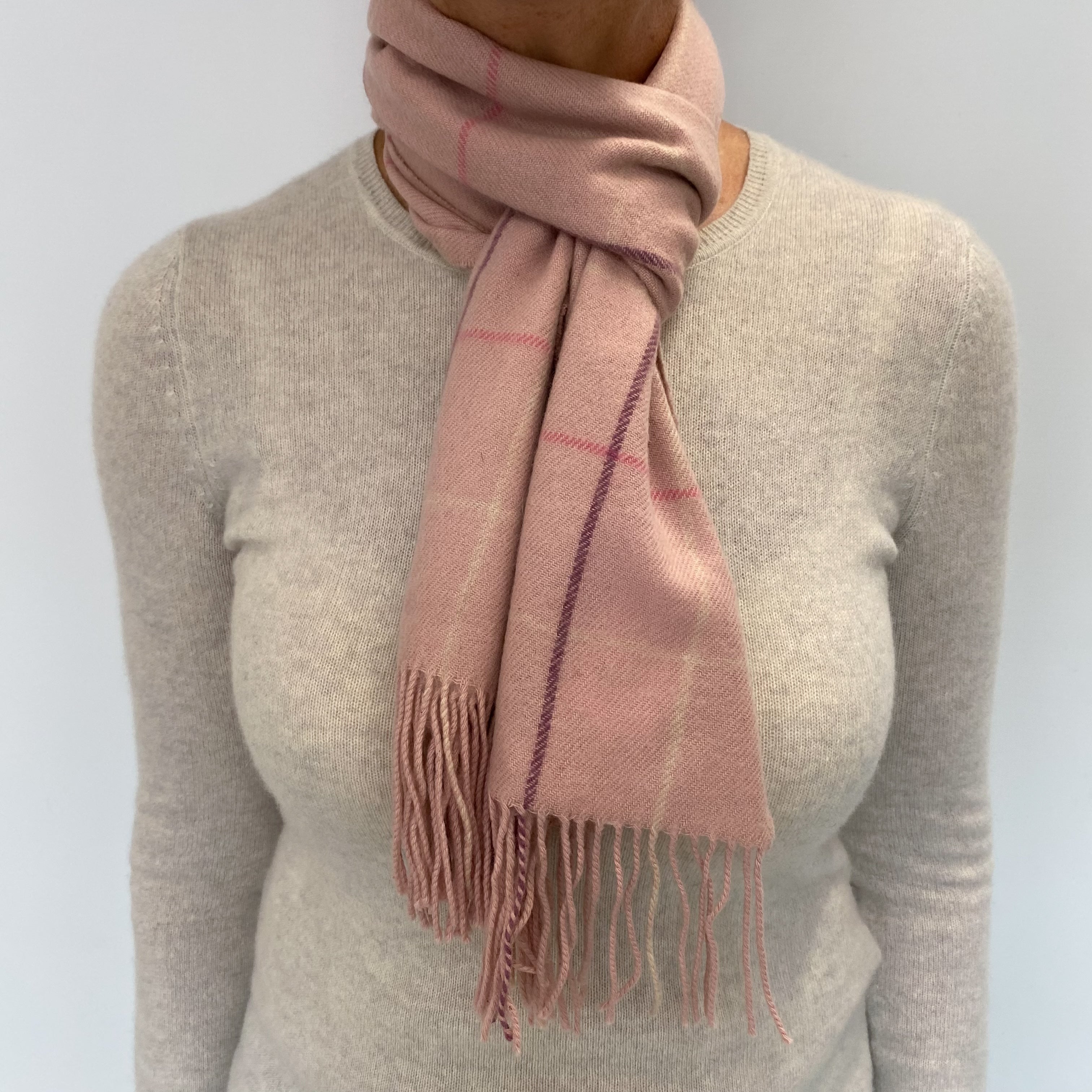 Blush Pink Checked Cashmere Woven Fringed Scarf