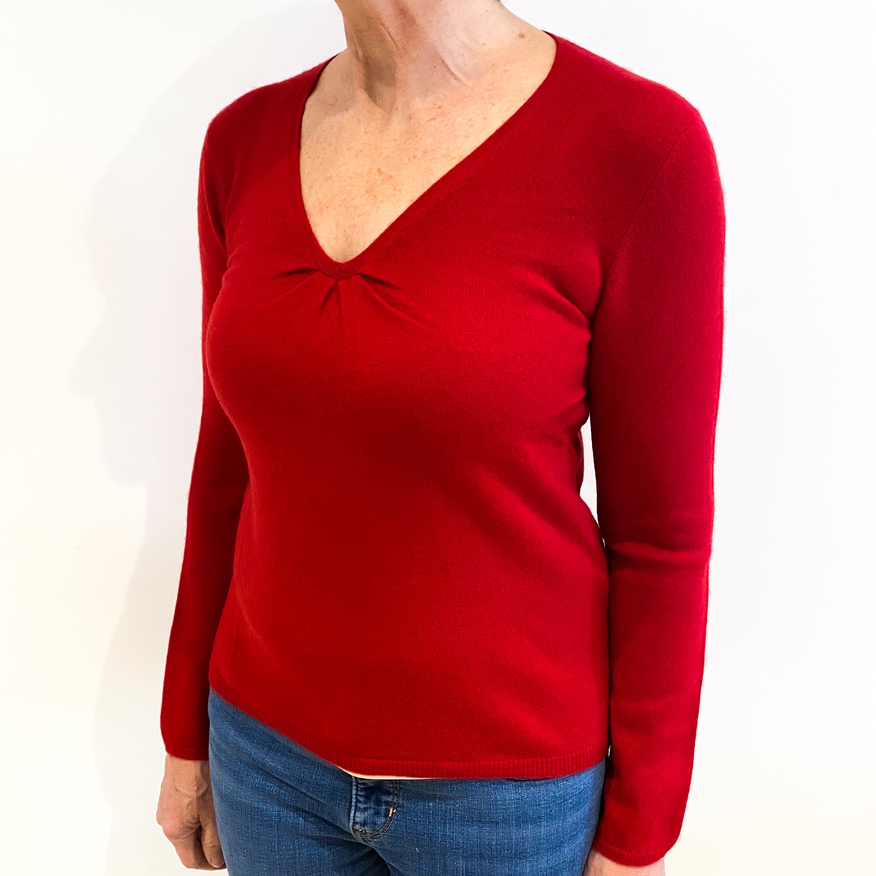 Post Box Red Cashmere V-Neck Jumper Medium