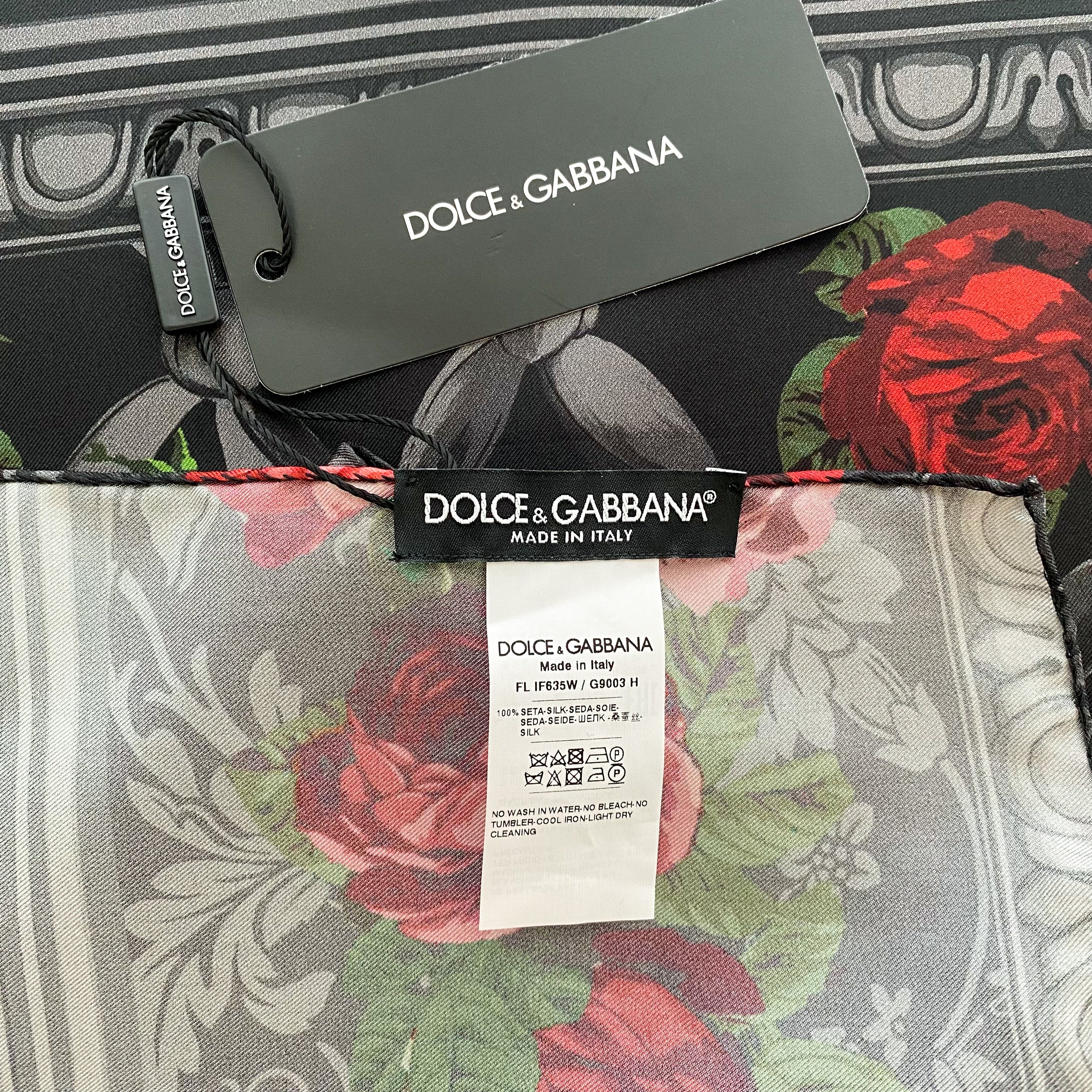 Unworn Dolce & Gabbana Black and Red Rose Designer Silk Scarf