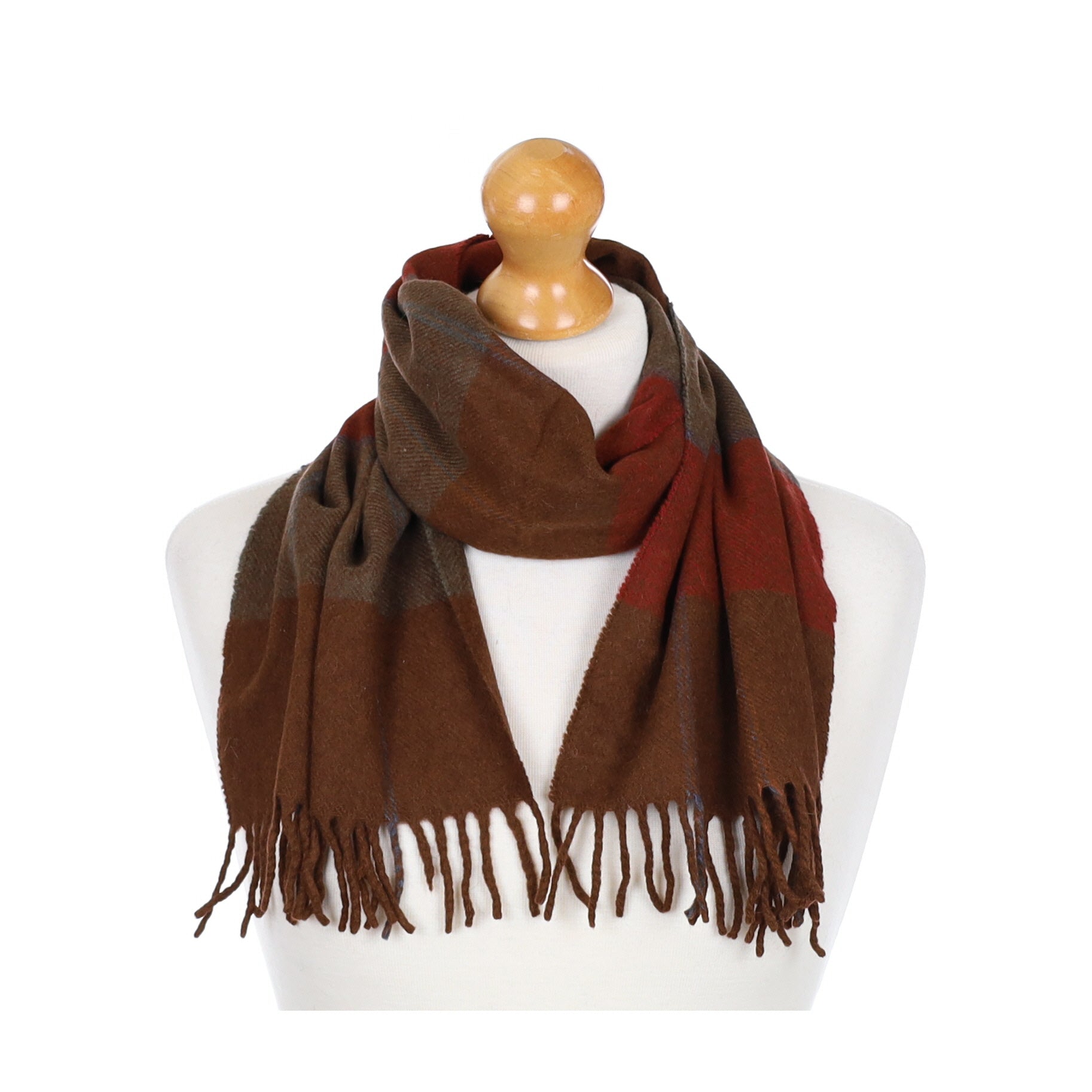 Brown and Rust Checked Fringed Cashmere Woven Scarf