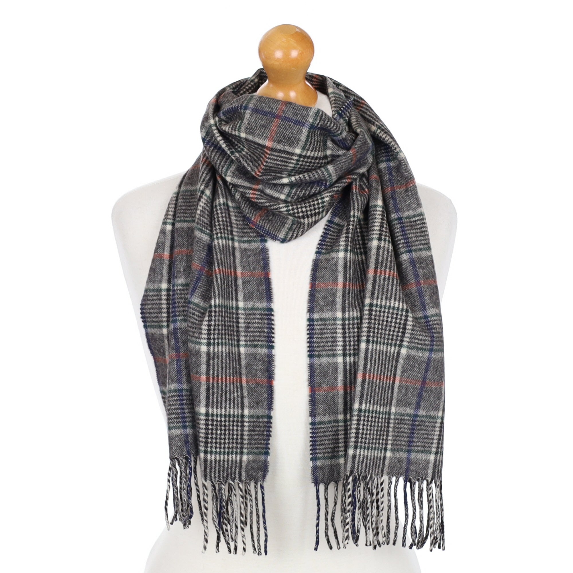 Black and Blue Checked Fringed Cashmere Woven Scarf