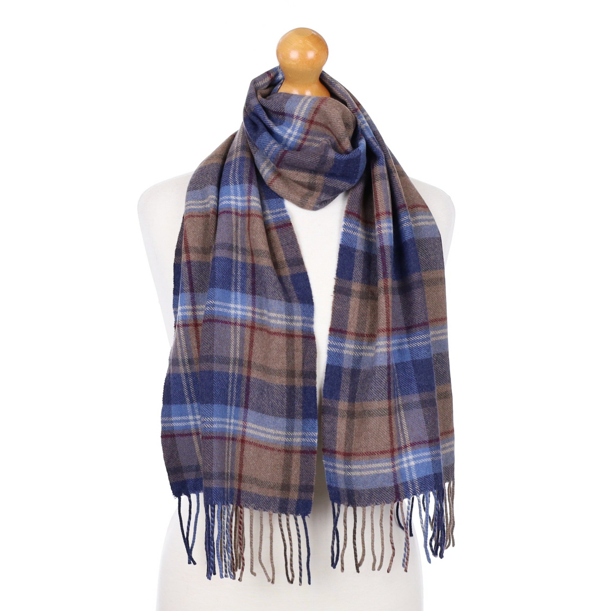 Toffee Brown and Blue Checked Fringed Cashmere Woven Scarf