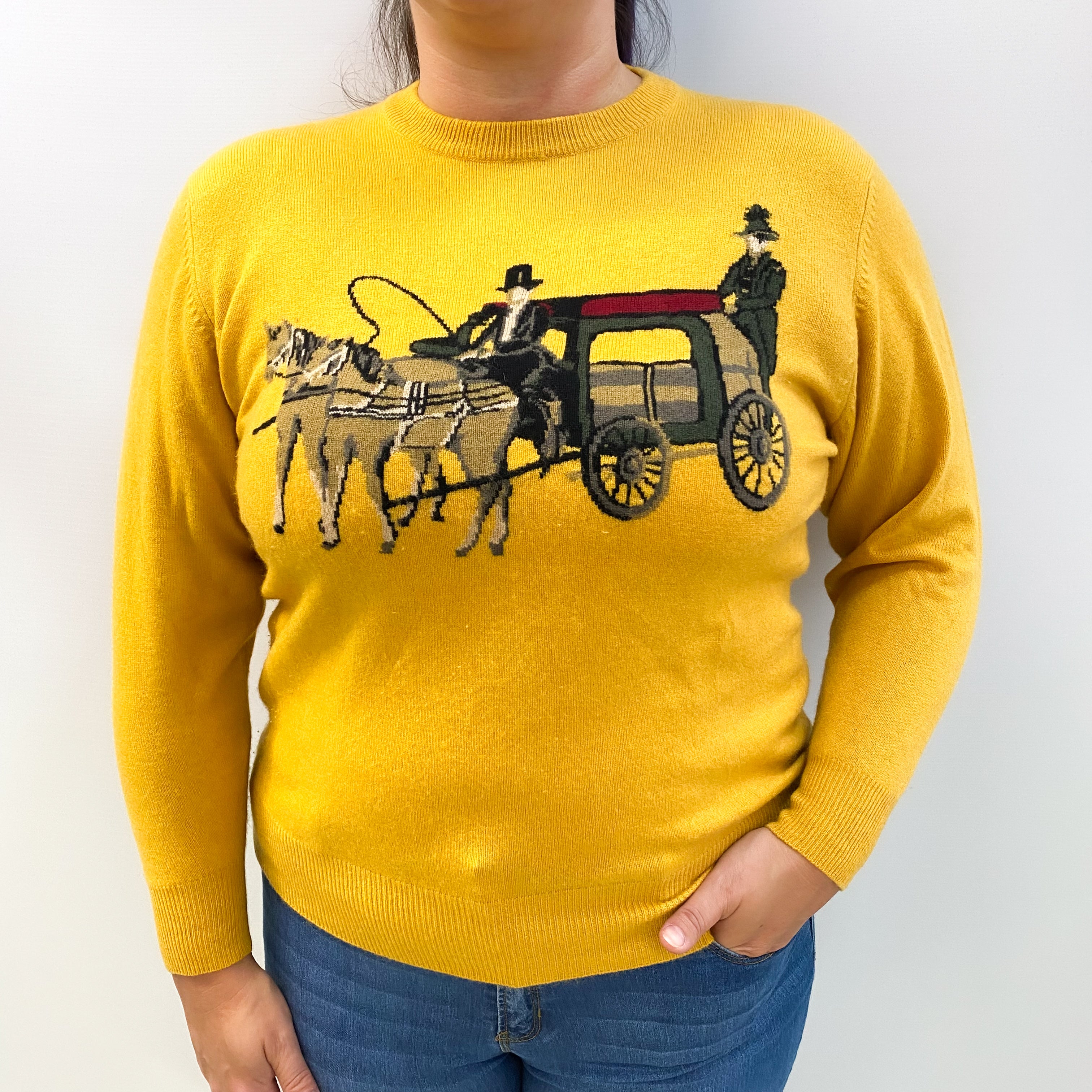 Yellow Carriage Motif Cashmere Crew Neck Jumper Large