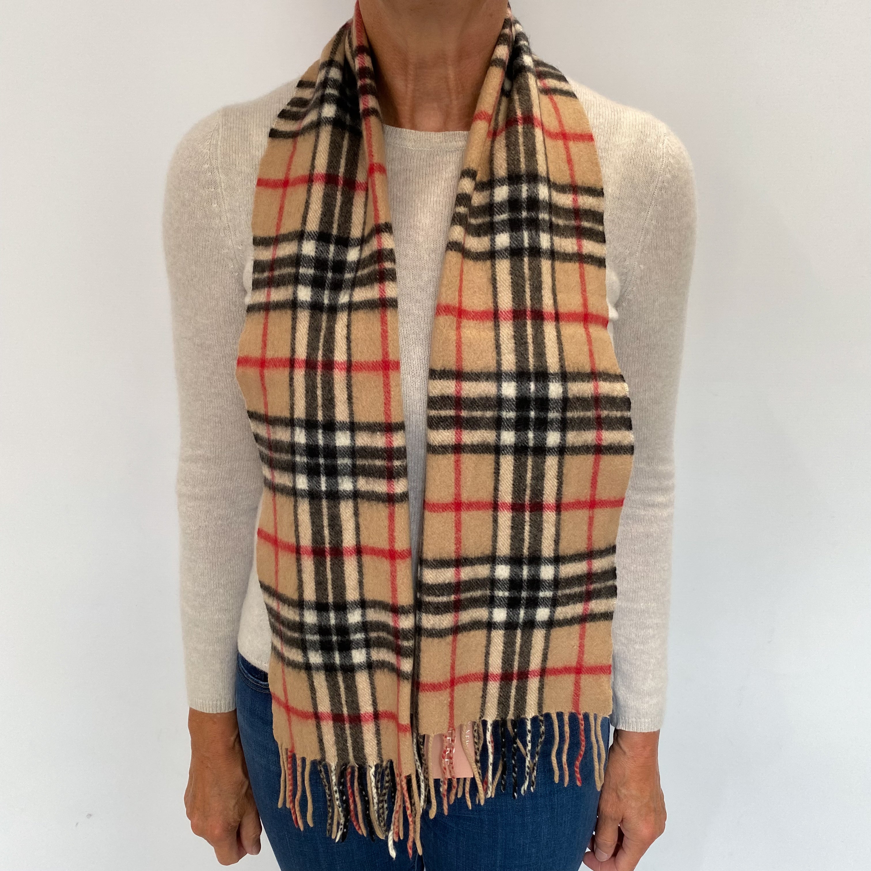 Camel Red Black Checked Cashmere Woven Fringed Scarf