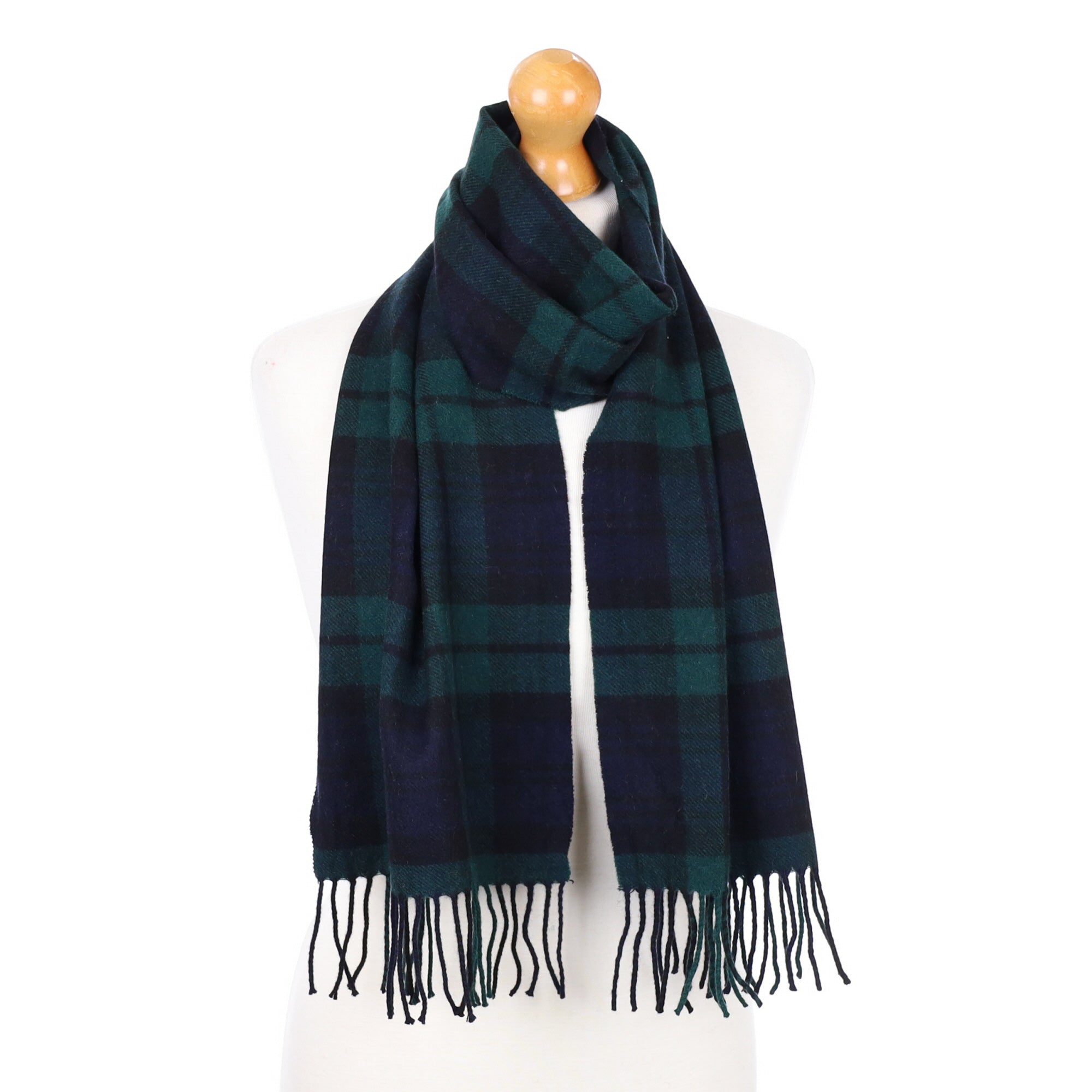 Green Navy Check Fringed Cashmere Woven Scarf