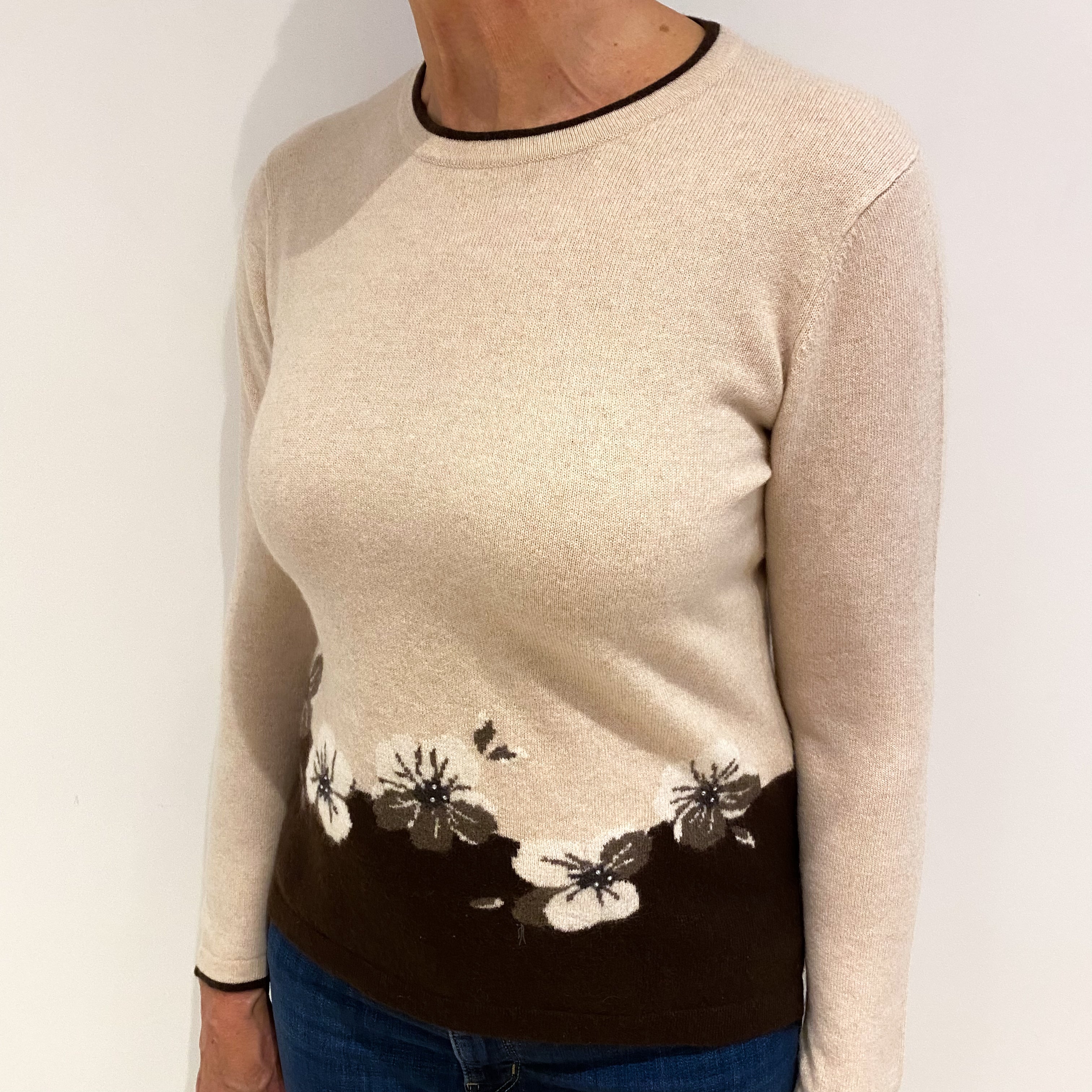 Oatmeal and Brown Floral Cashmere Crew Neck Jumper Medium