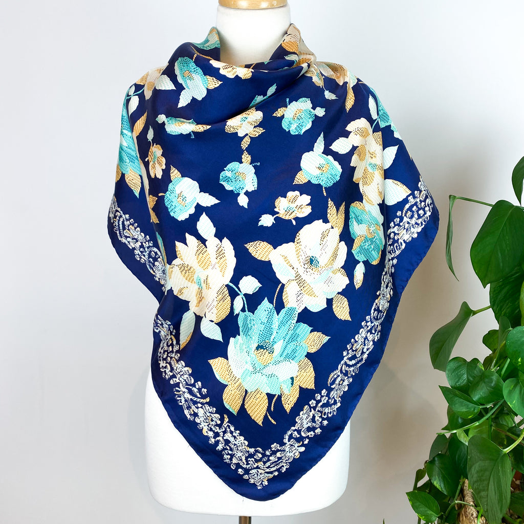 Navy Blue Floral Vintage Silk Scarf – NEARLY NEW CASHMERE CO.