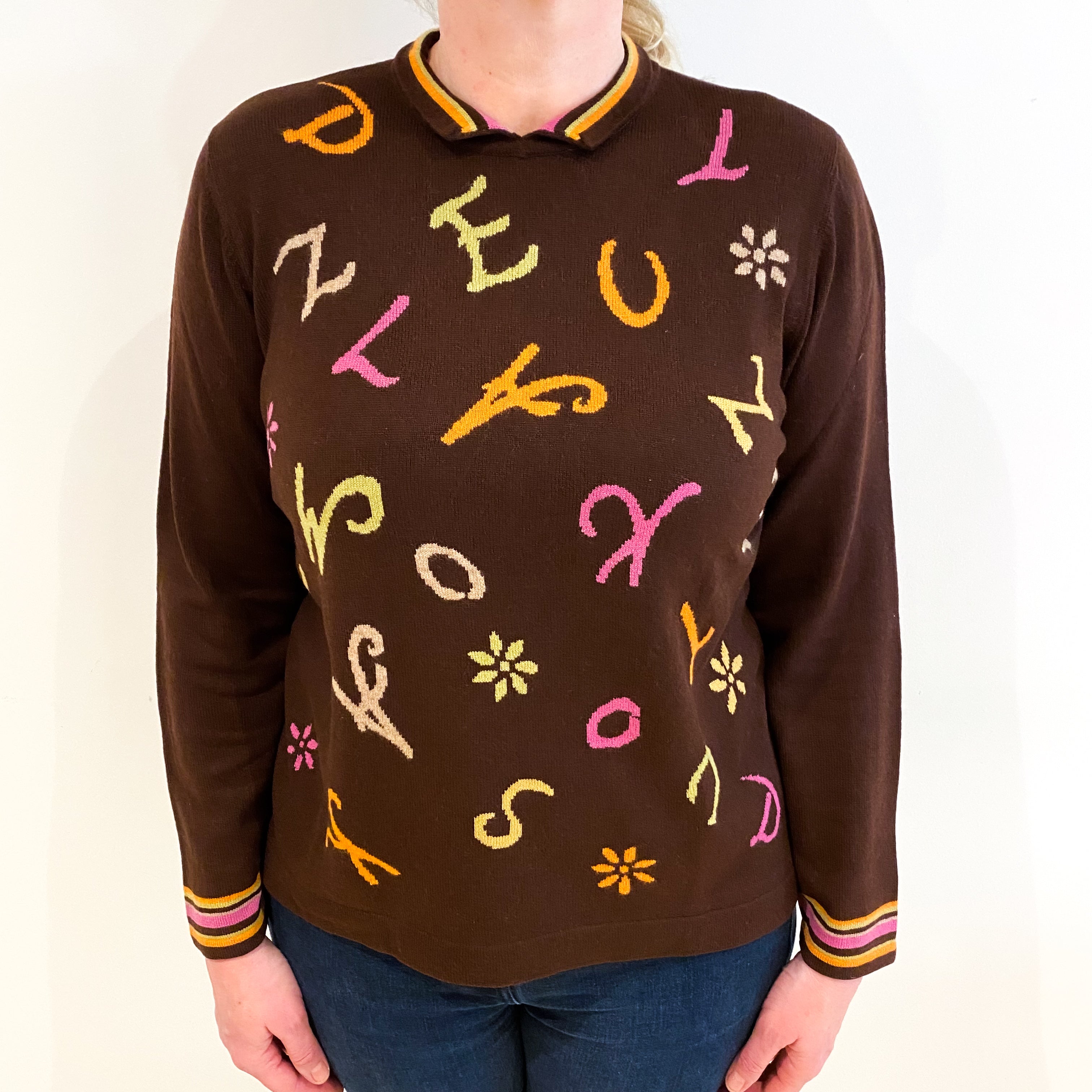 Chocolate Brown With Colourful Lettering Cashmere Collared Polo Neck Jumper Large