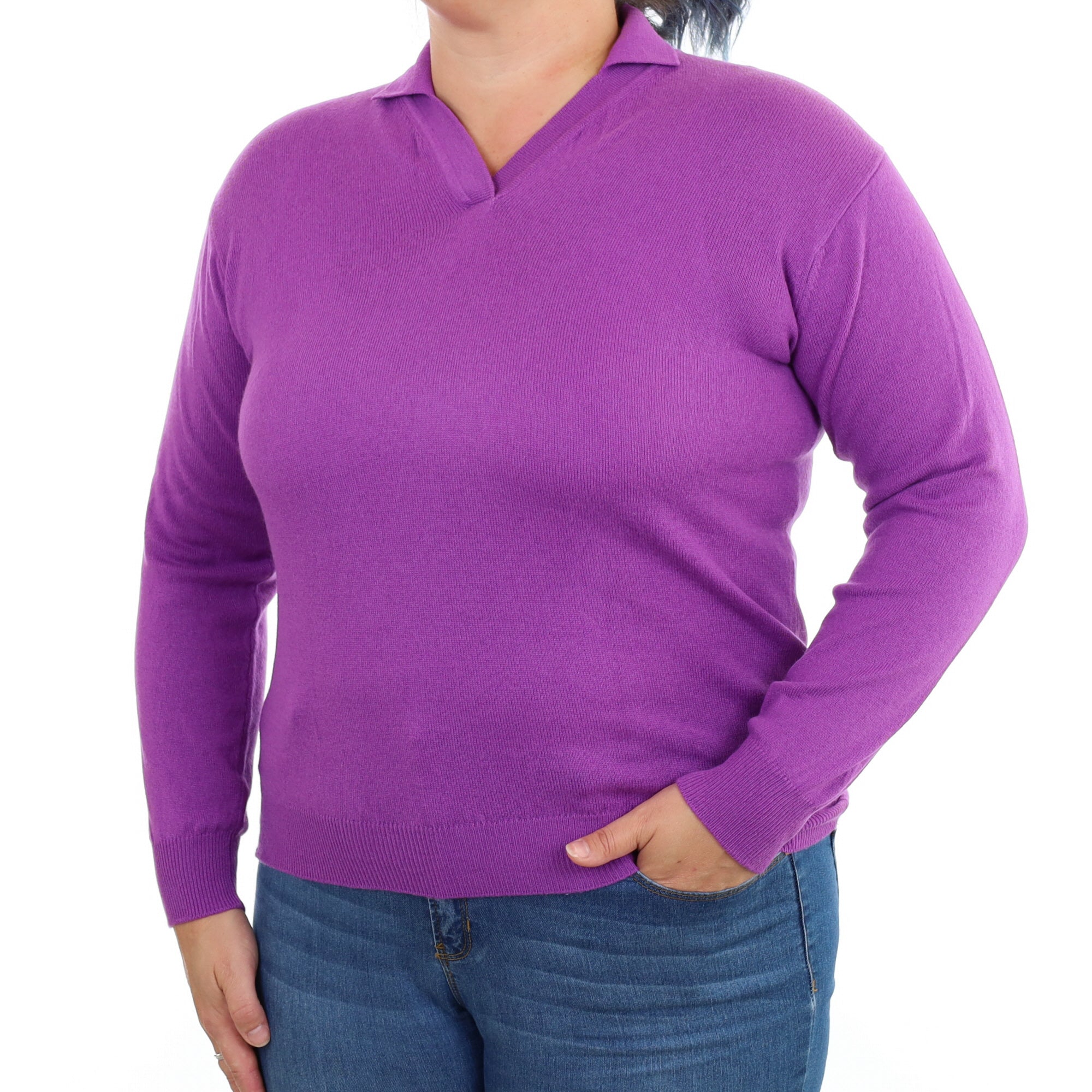 Violet Purple Cashmere Collared V Neck Jumper Large