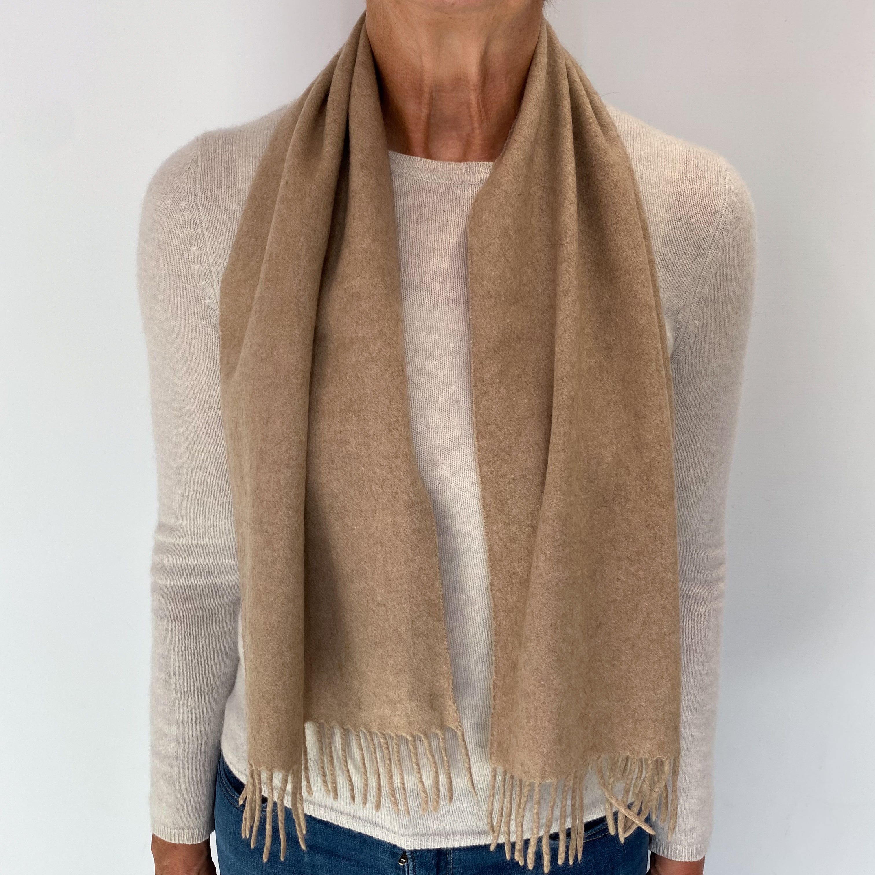 Sand Beige Cashmere Tasseled Woven Scarf