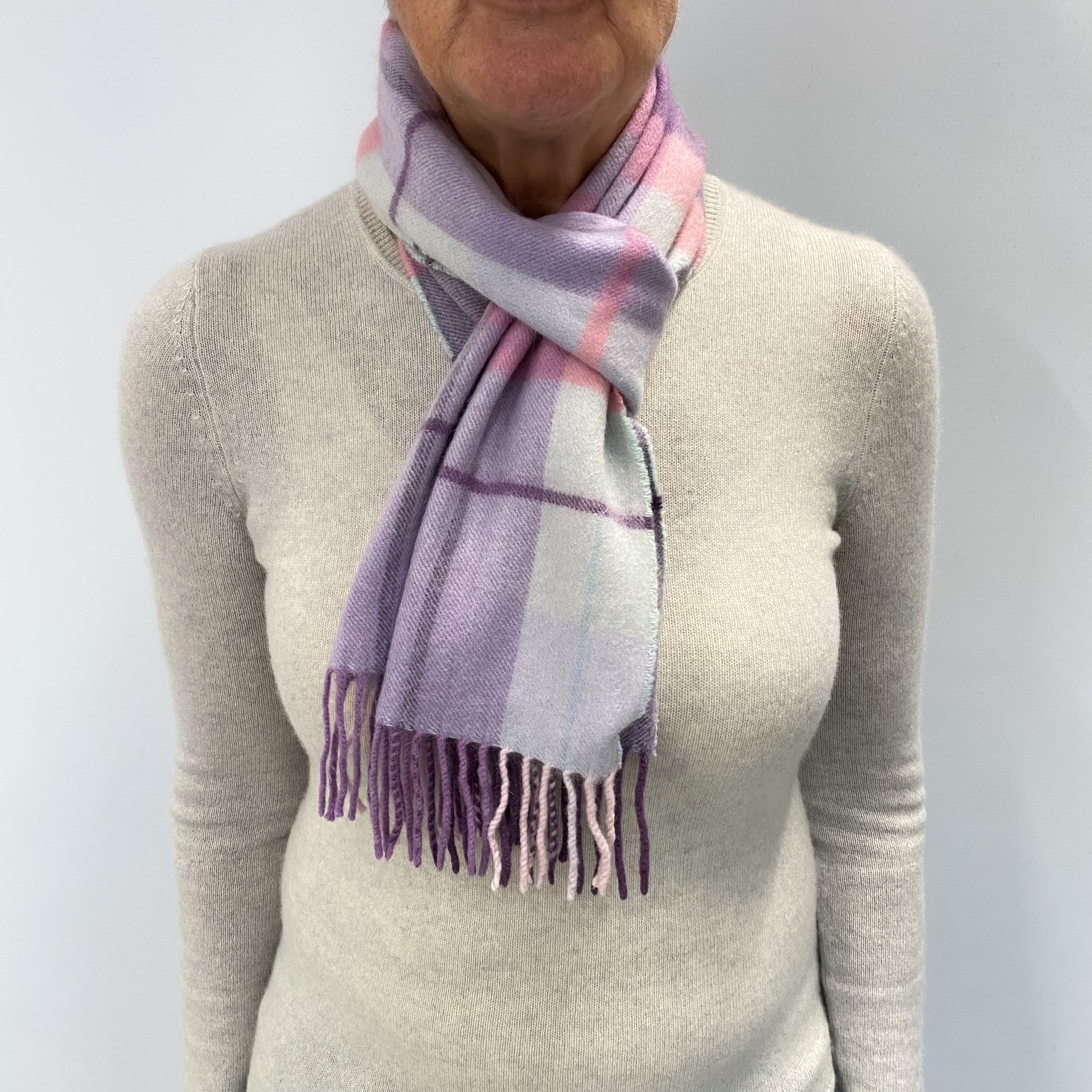 Purple and Pink Checked Cashmere Woven Fringed Scarf