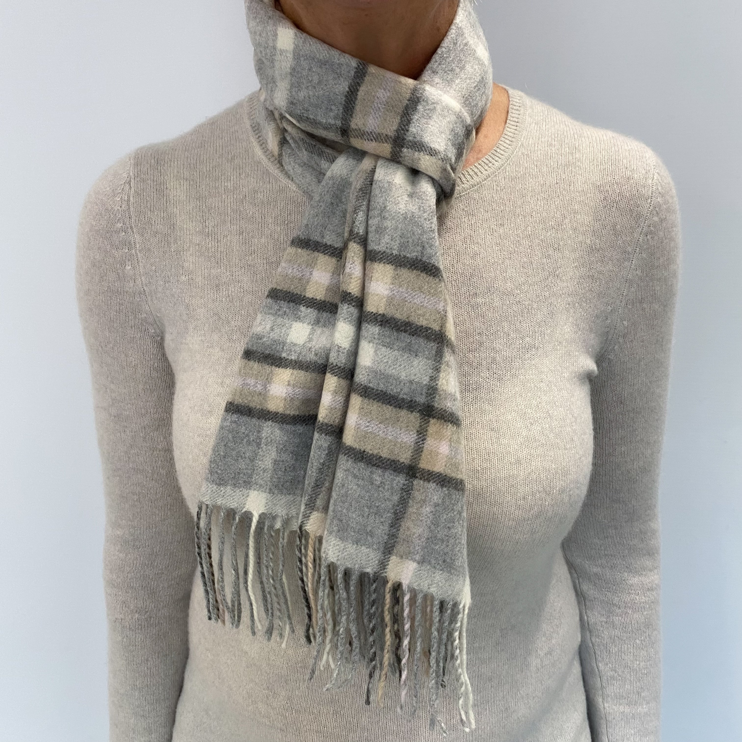 Grey and Beige Checked Cashmere Woven Fringed Scarf