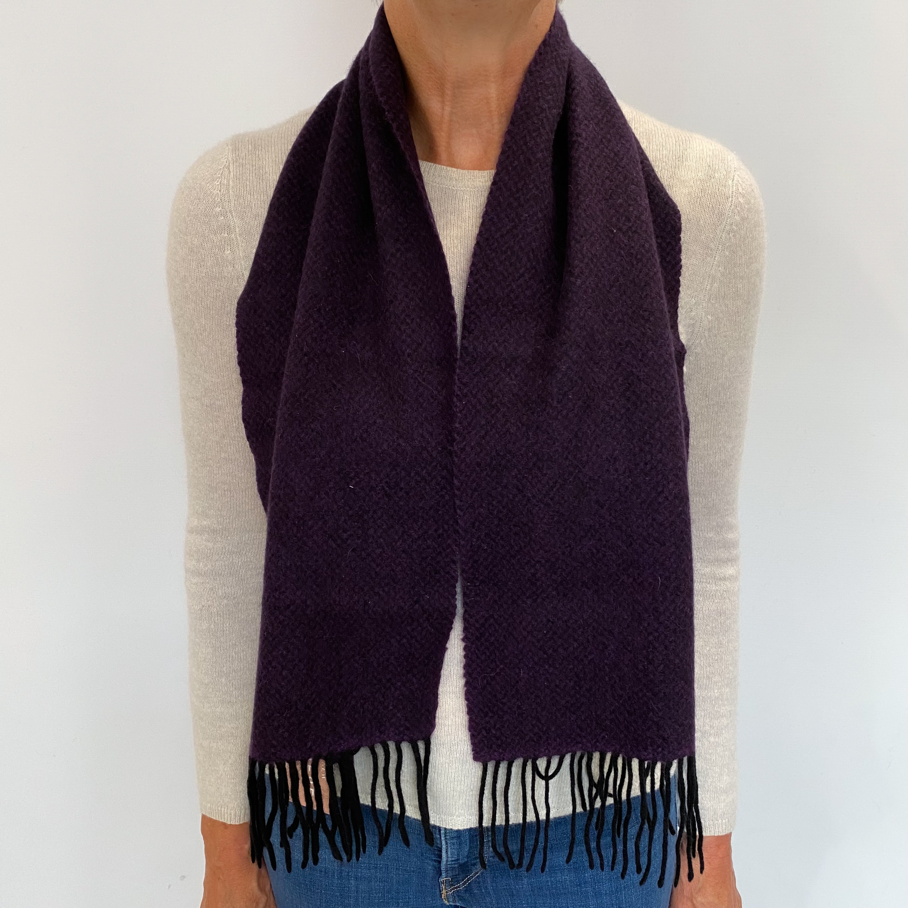 Deep Purple and Black Cashmere Woven Fringed Scarf