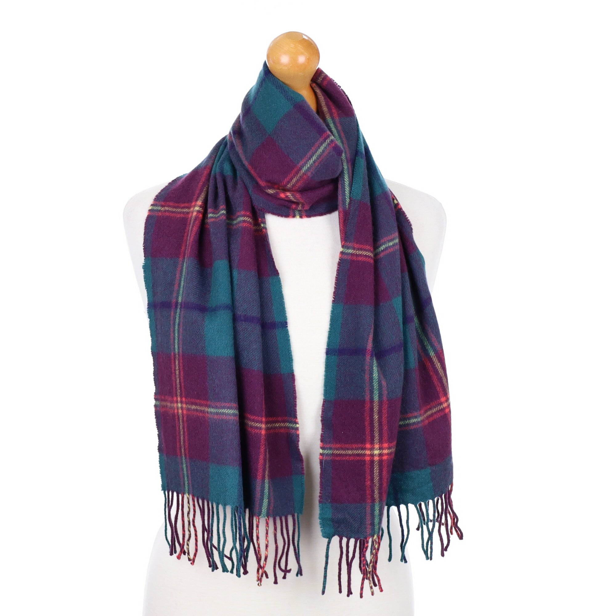 Plum and Green Checked Fringed Cashmere Woven Scarf