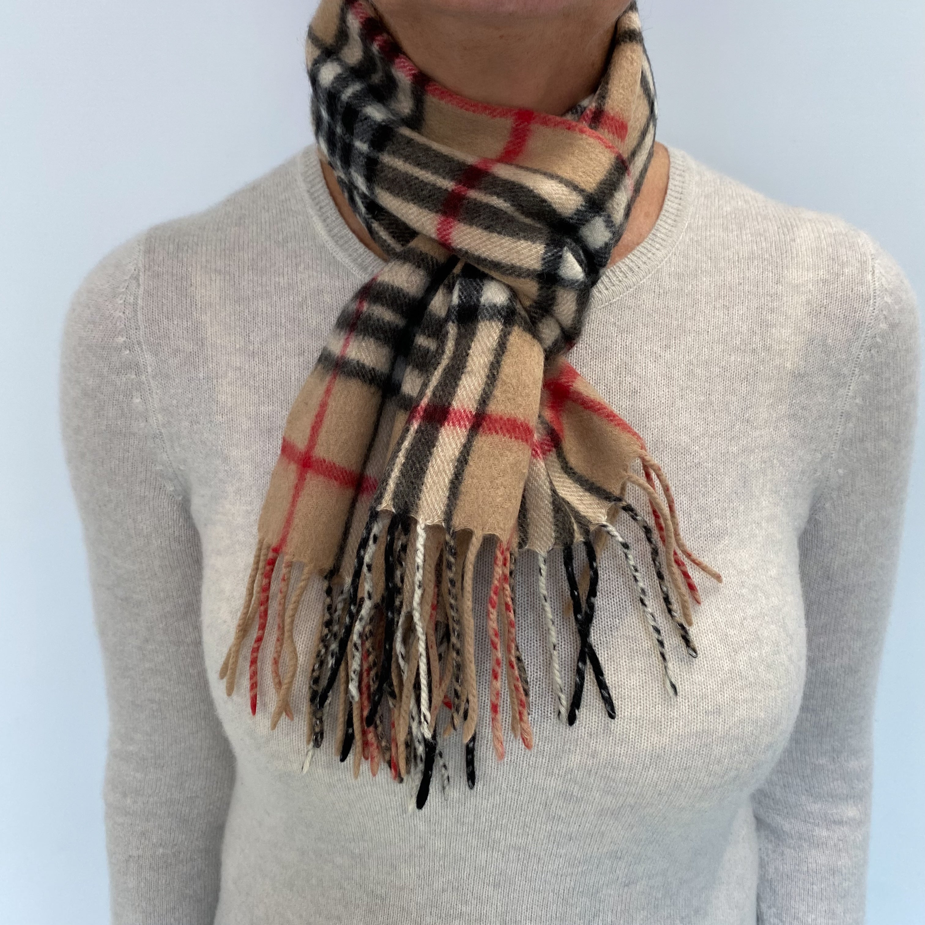 Camel Red Black Checked Cashmere Woven Fringed Scarf