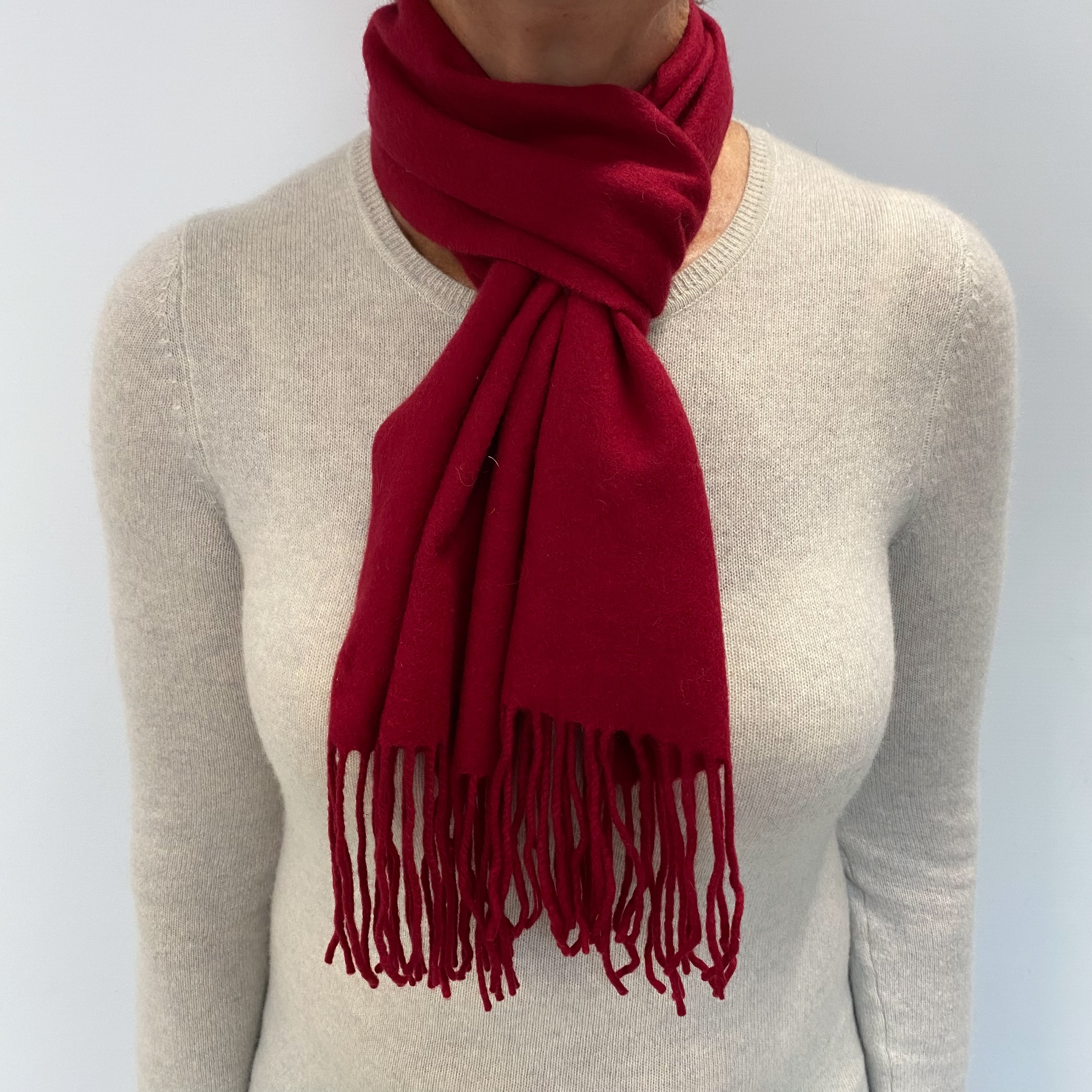 Crimson Red Cashmere Woven Fringed Scarf