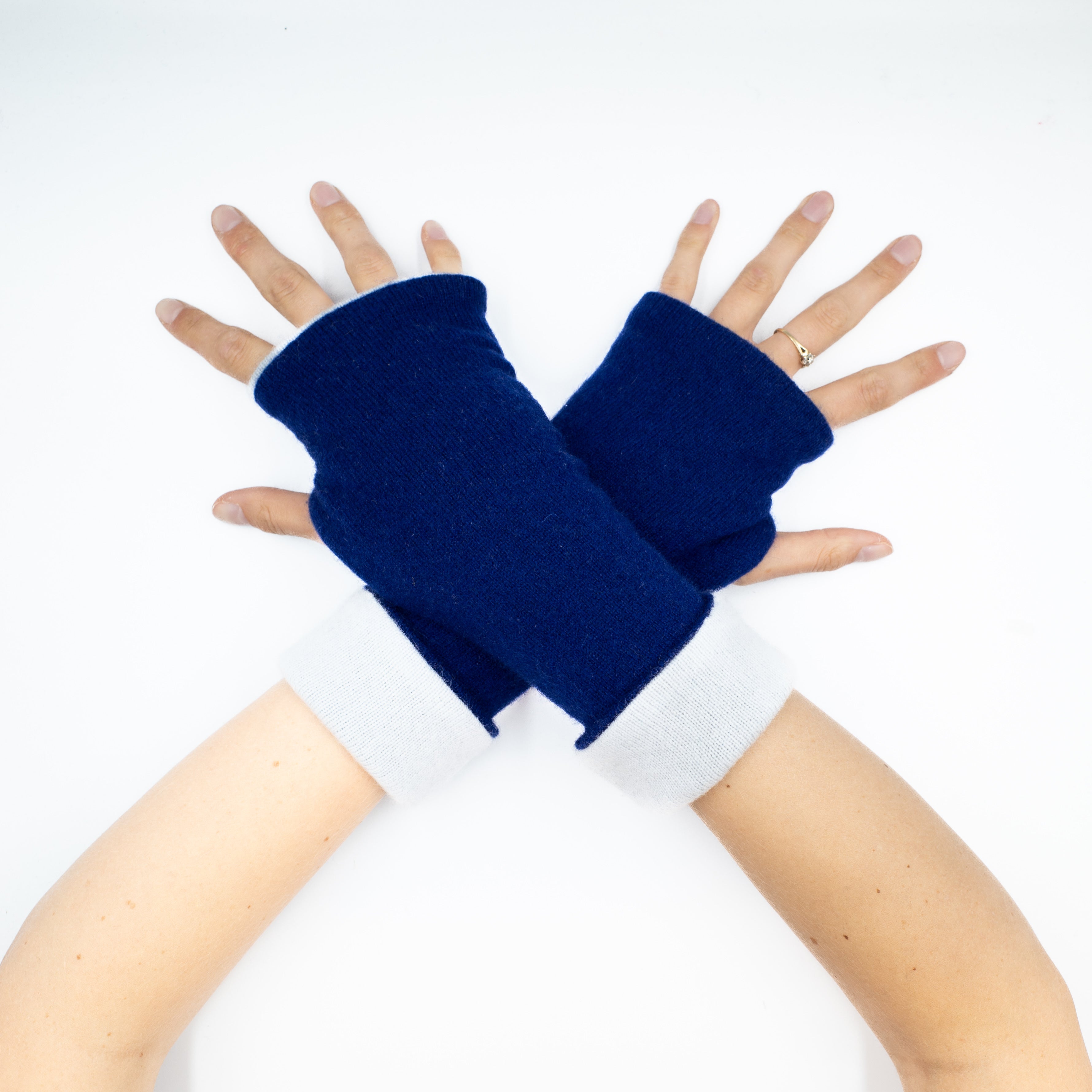 Lapis and Baby Blue Reversible Fingerless Gloves