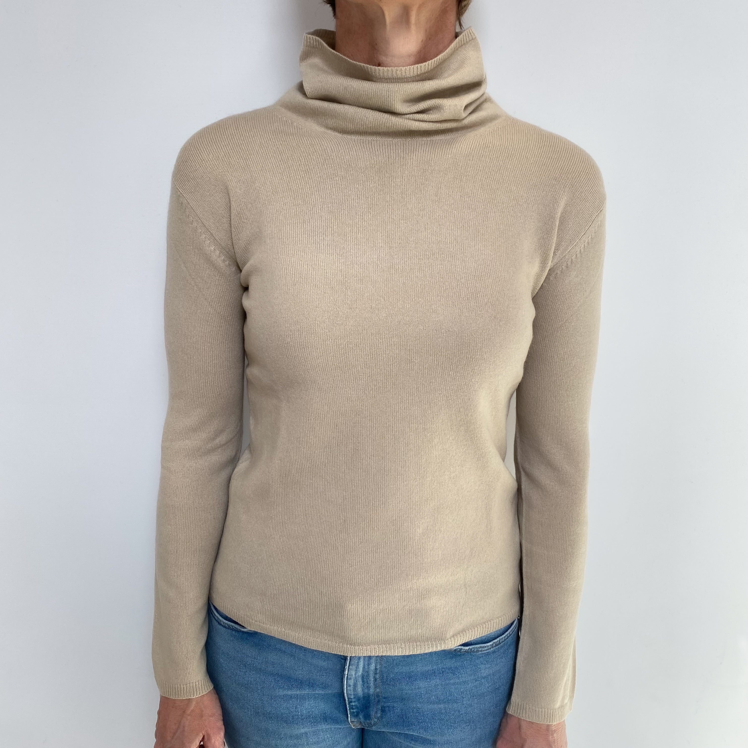 Oatmeal Beige Cashmere Funnel Neck Jumper Small