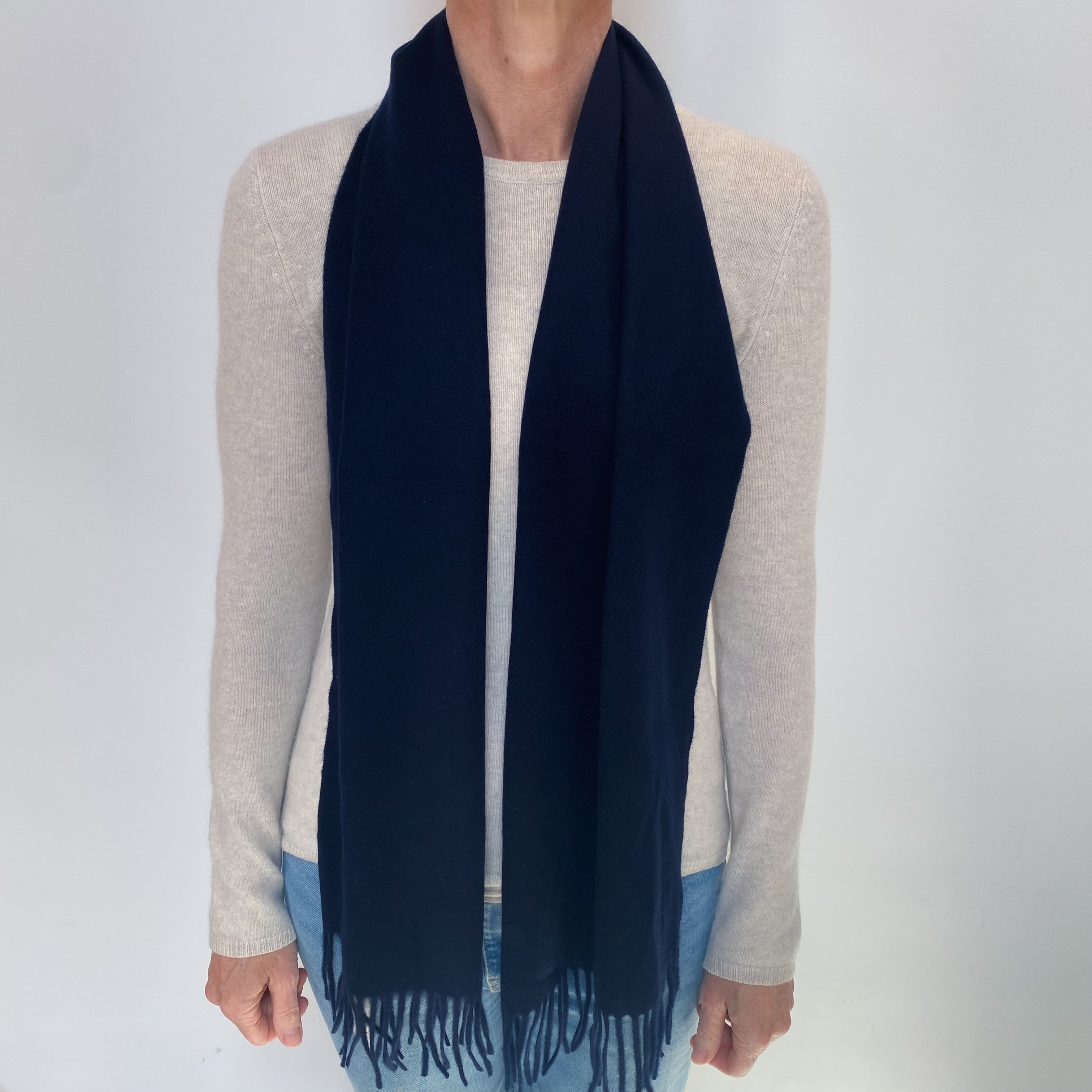 New Navy Blue Cashmere Woven Fringed Scarf