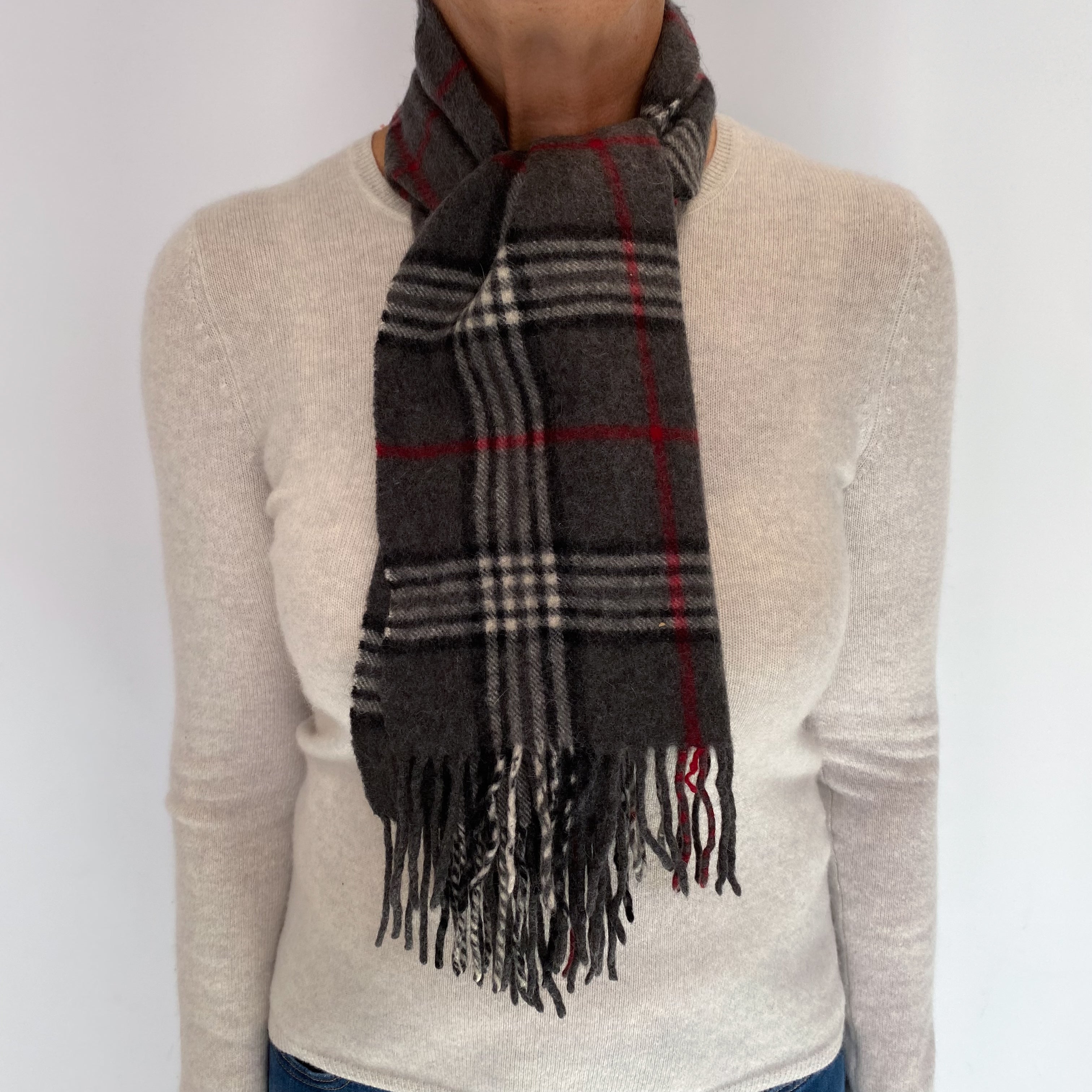 Dark Grey Red Checked Cashmere Woven Fringed Scarf