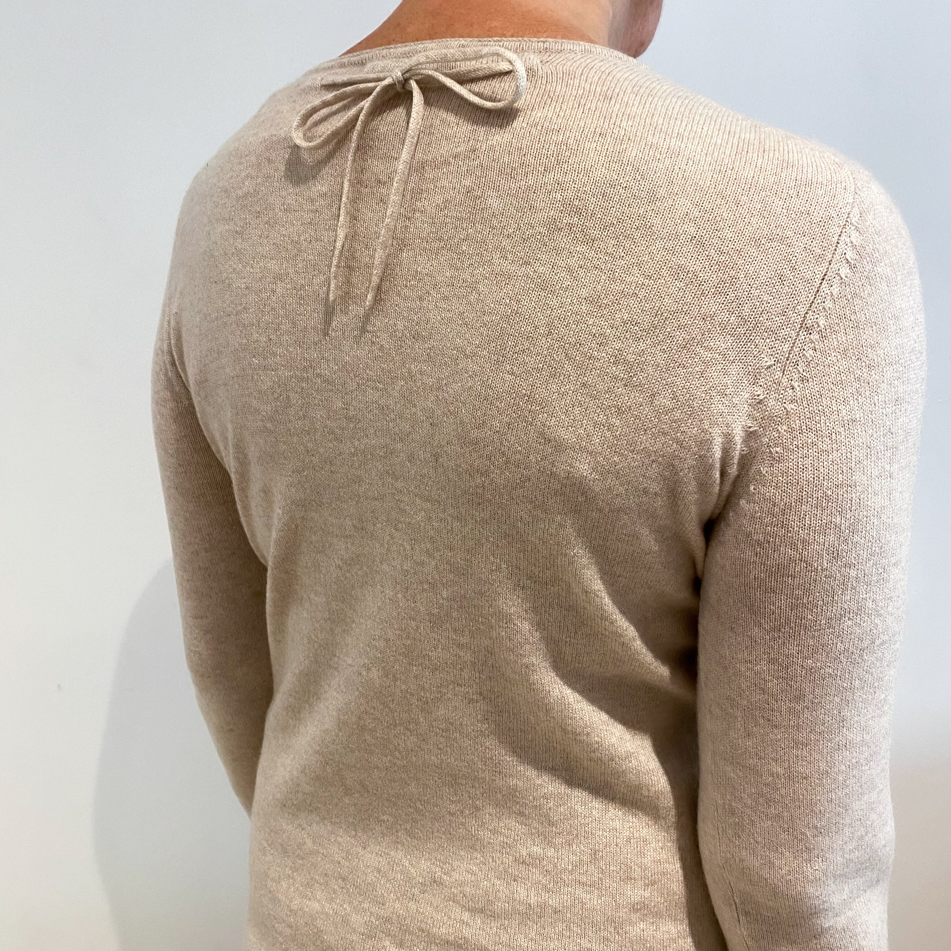 Oatmeal Beige Cashmere Crew Neck Jumper with Detail Knit on Front Medium