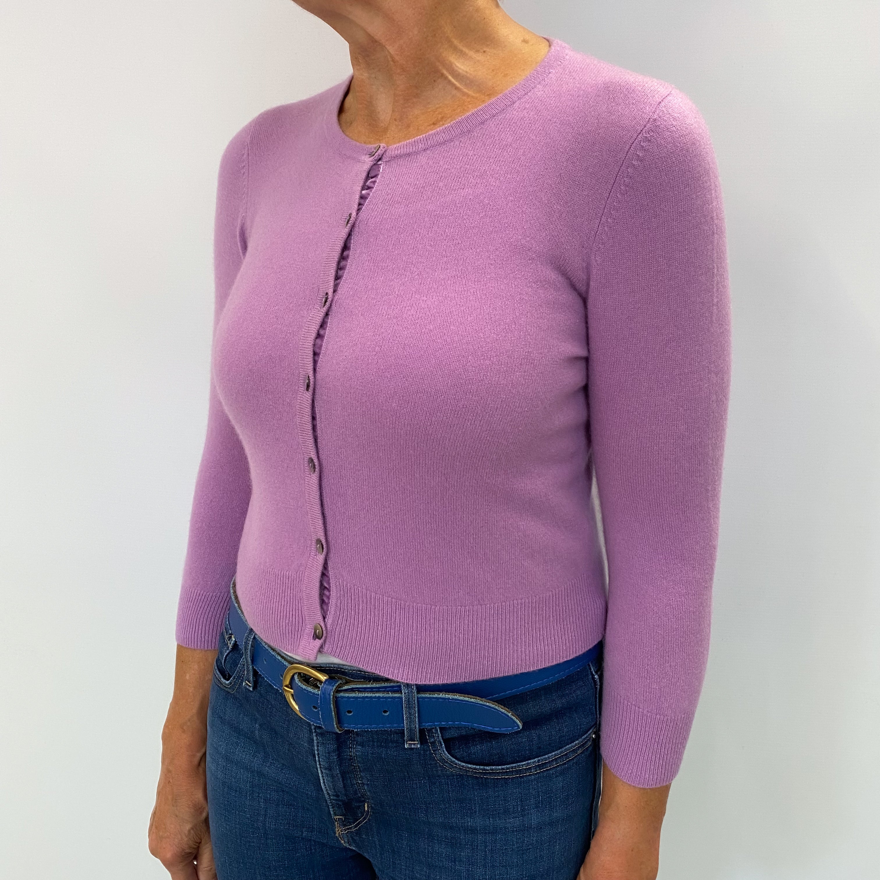 Lilac Purple Cashmere Crew Neck Cardigan Medium