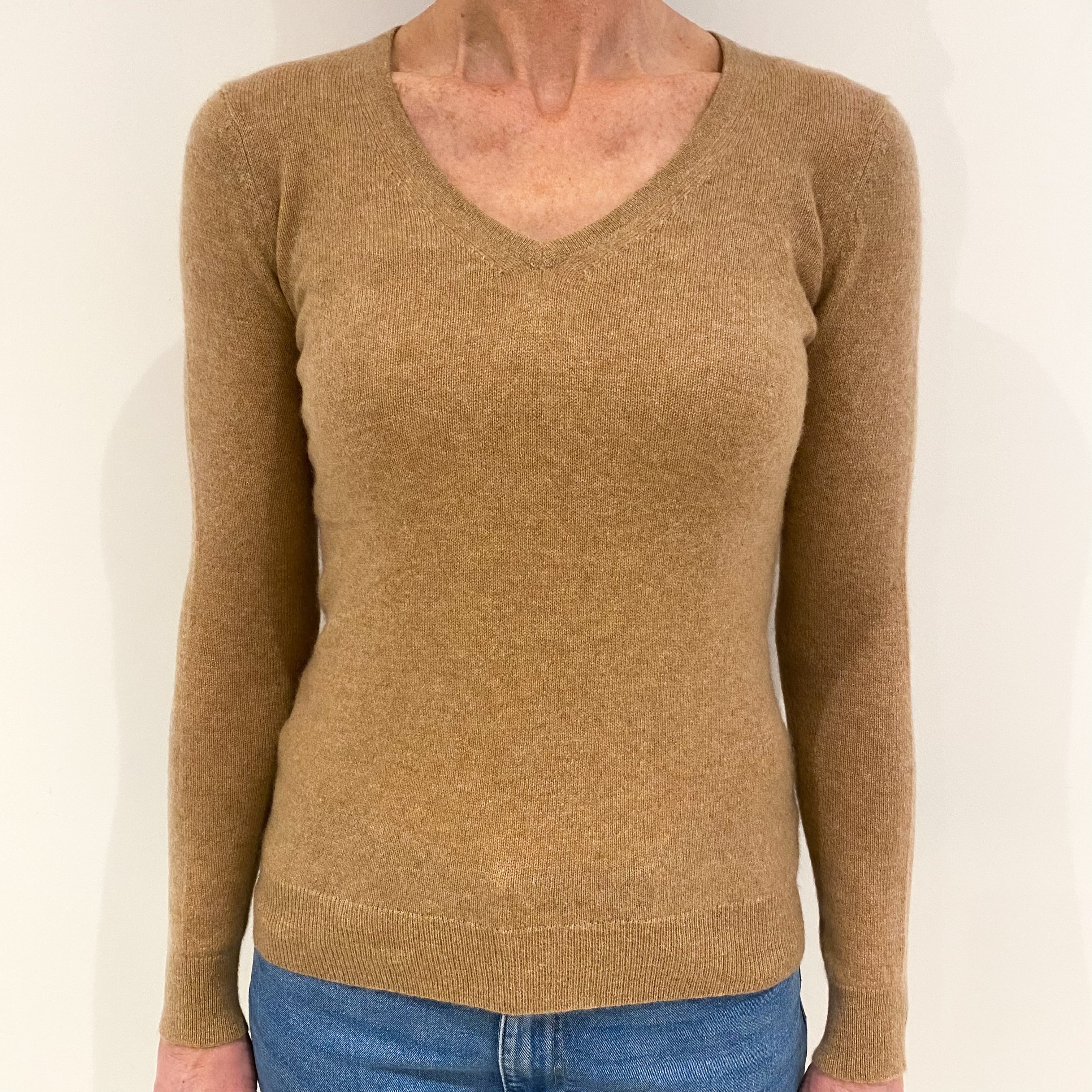 Caramel Brown Cashmere V Neck Jumper Small