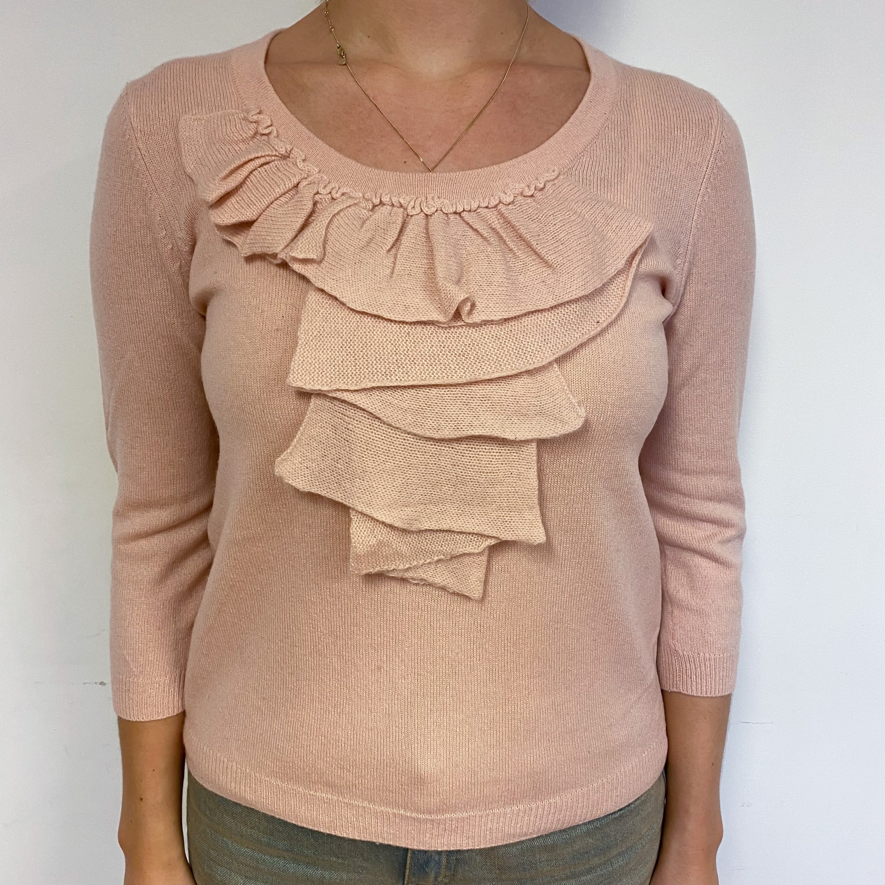 Shell Pink Ruffle Cashmere Crew Neck Jumper Small