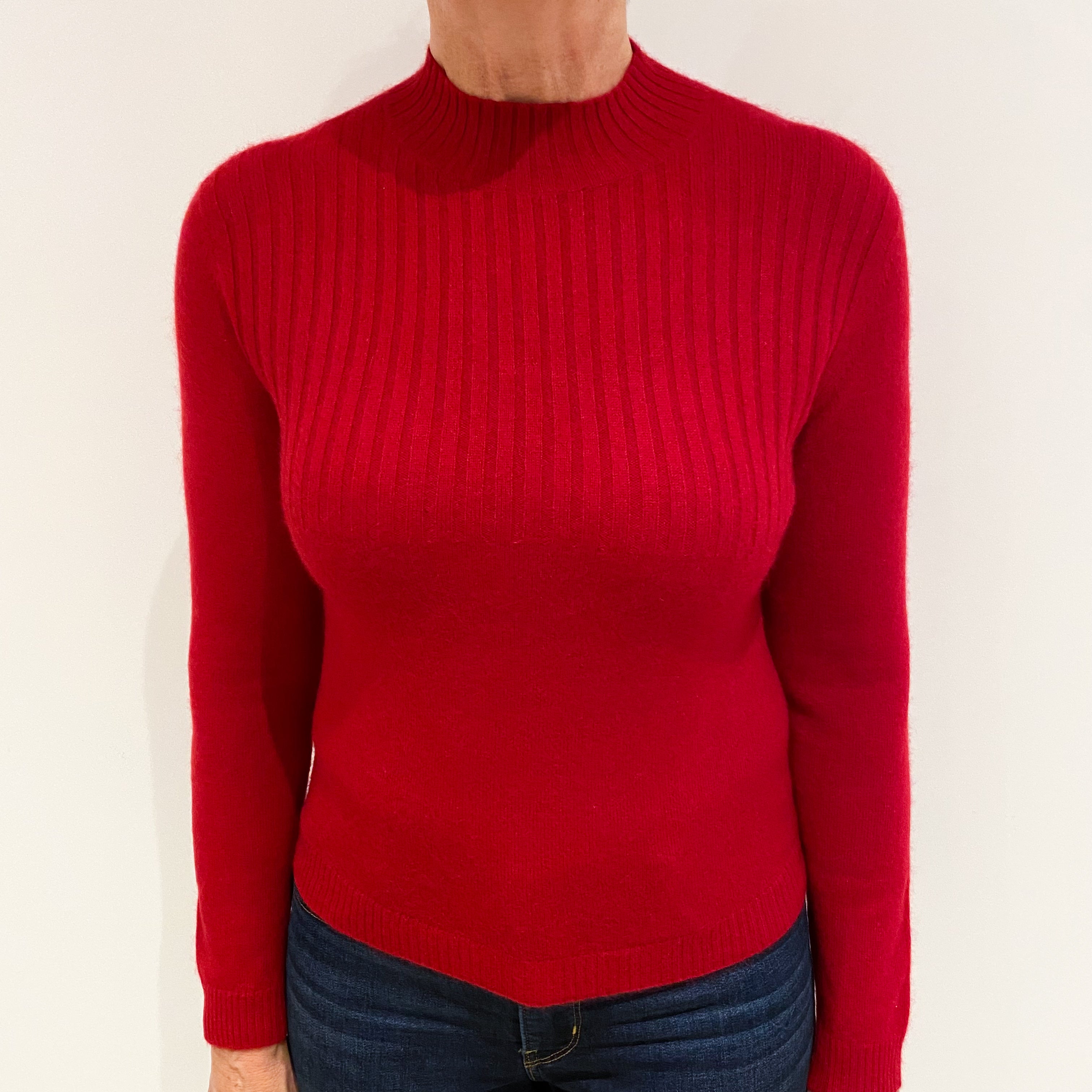 Crimson Red Ribbed Cashmere Turtle Neck Jumper Medium