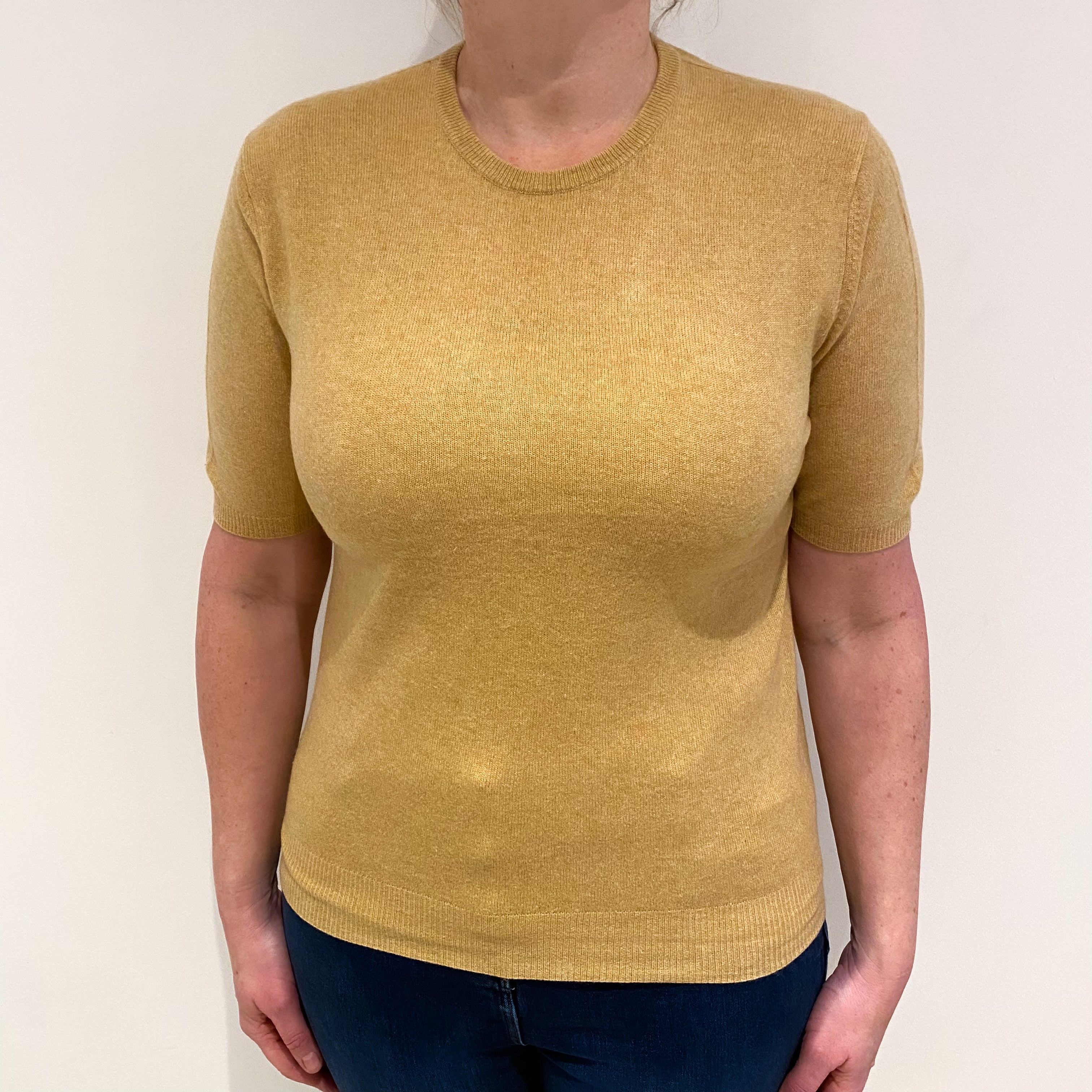 Honey Yellow Cashmere Short Sleeved Crew Neck Jumper Large