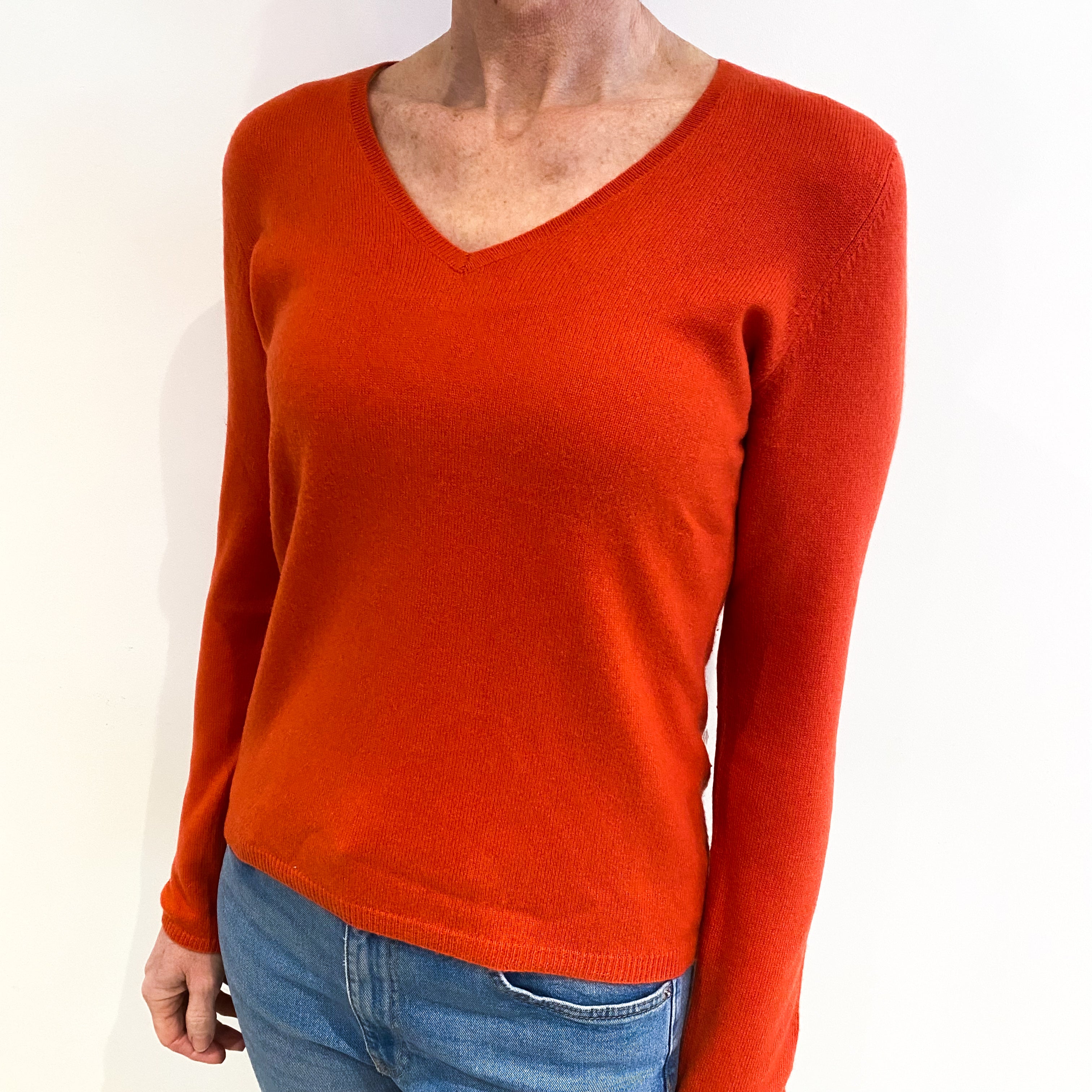 Vermillion Orange Cashmere V Neck Jumper Small