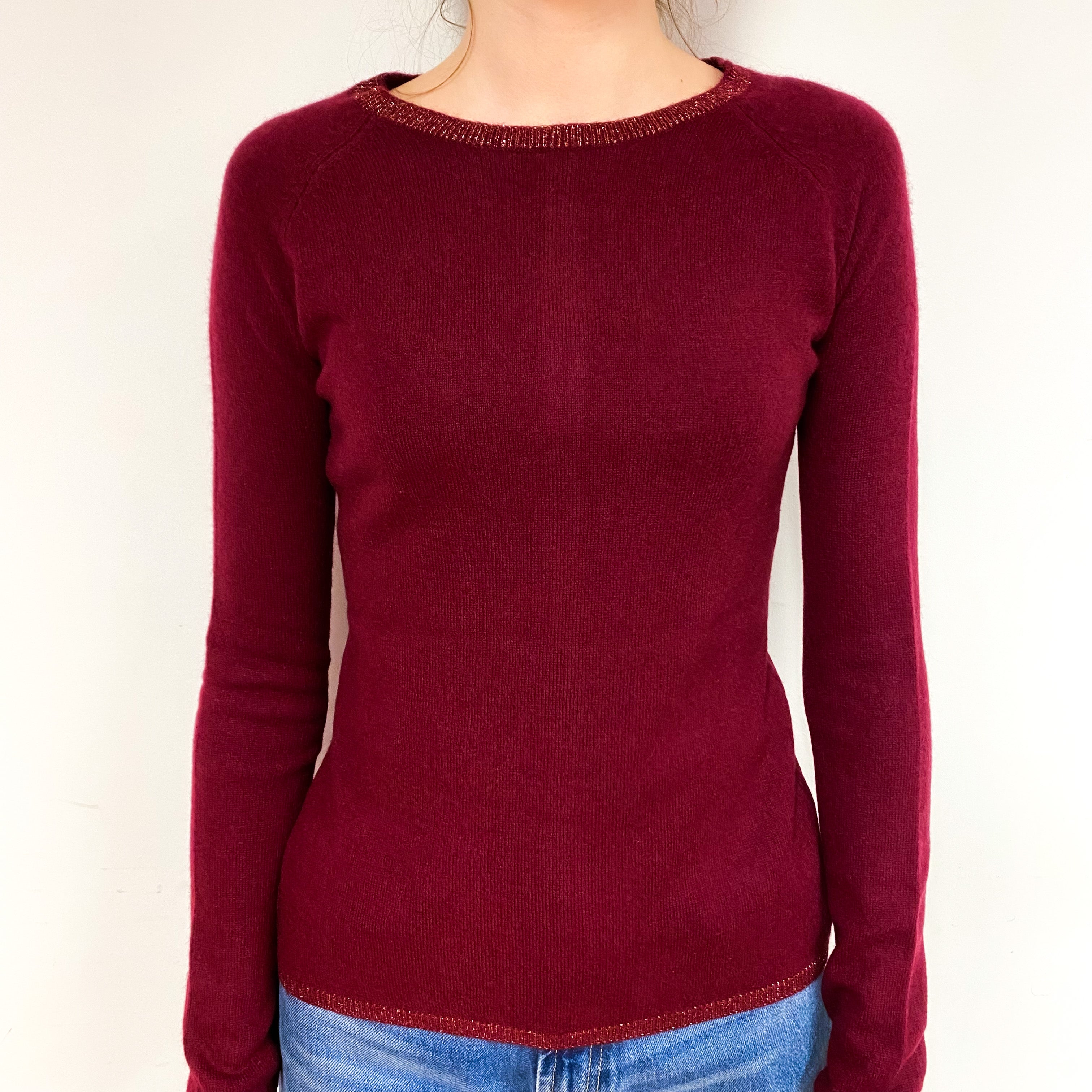 Wine Red Gold Trim Cashmere Crew Neck Jumper Extra Small