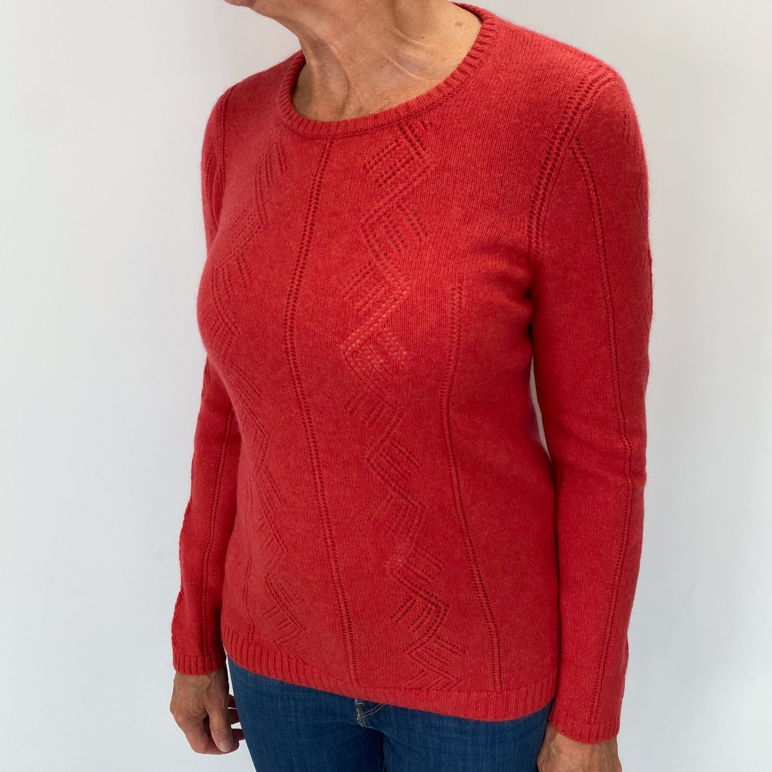 Vermillion Red Textured Cashmere Crew Neck Jumper Medium