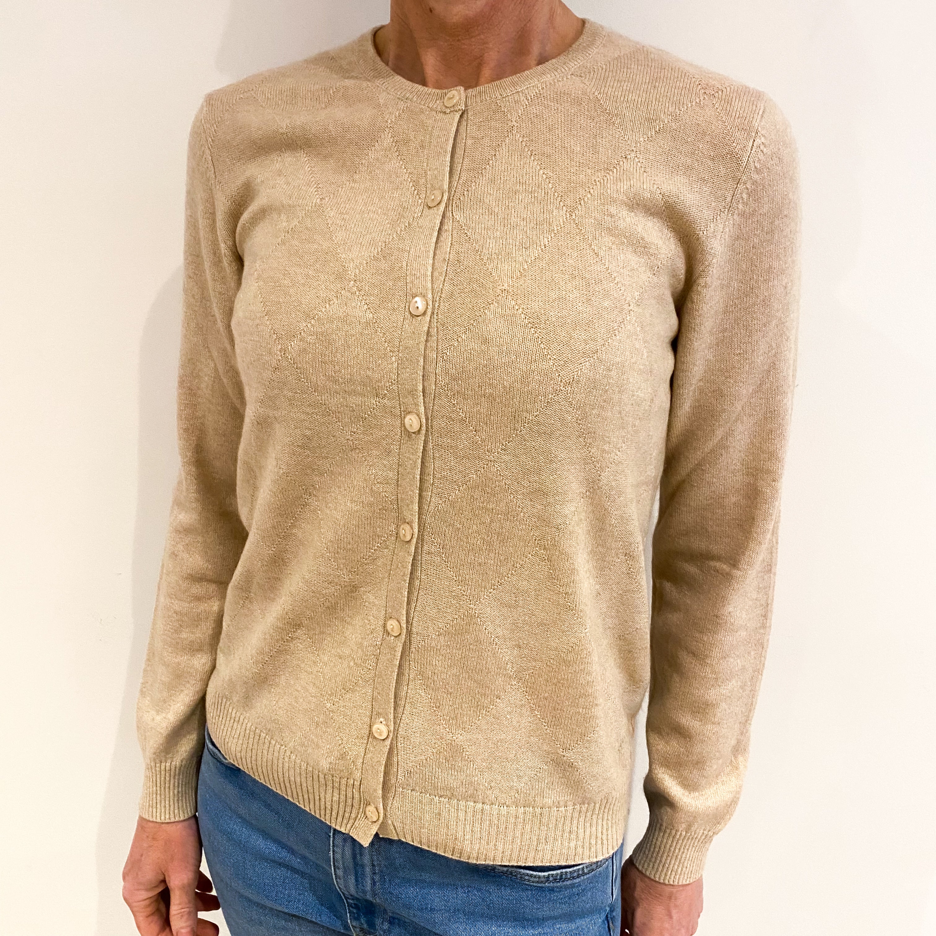 Beige Cashmere Diamond Pattern Crew Neck Cardigan Small