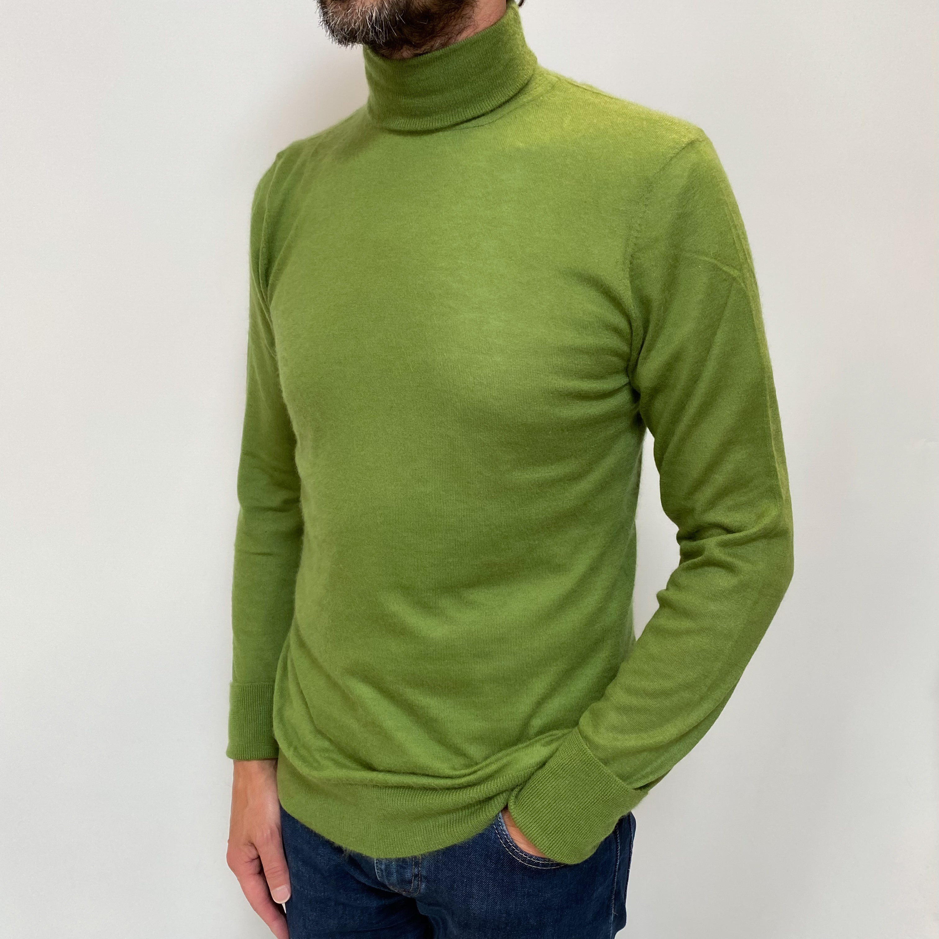 Men's Pear Green Cashmere Polo Neck Jumper Small