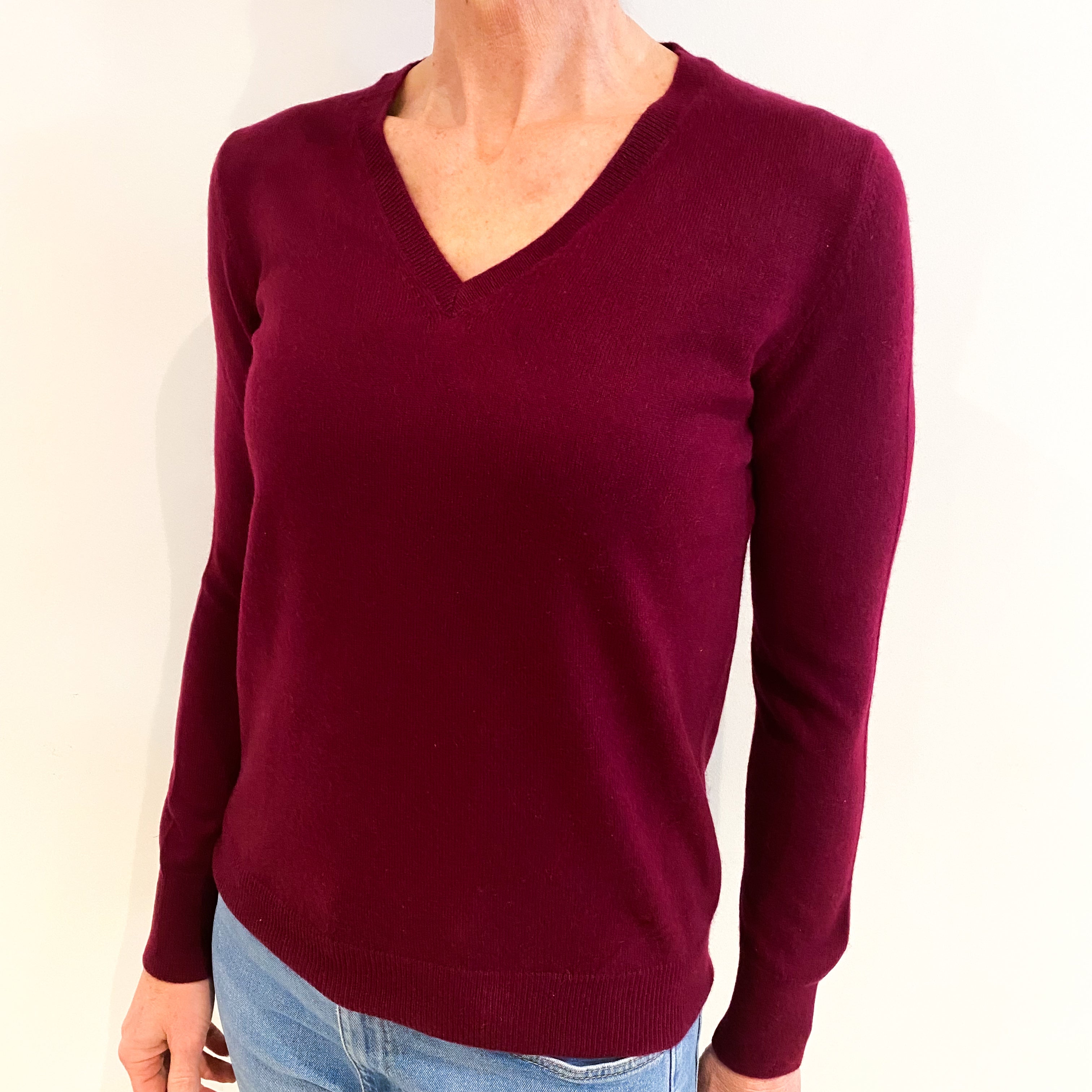 Wine Red Cashmere V Neck Jumper Small