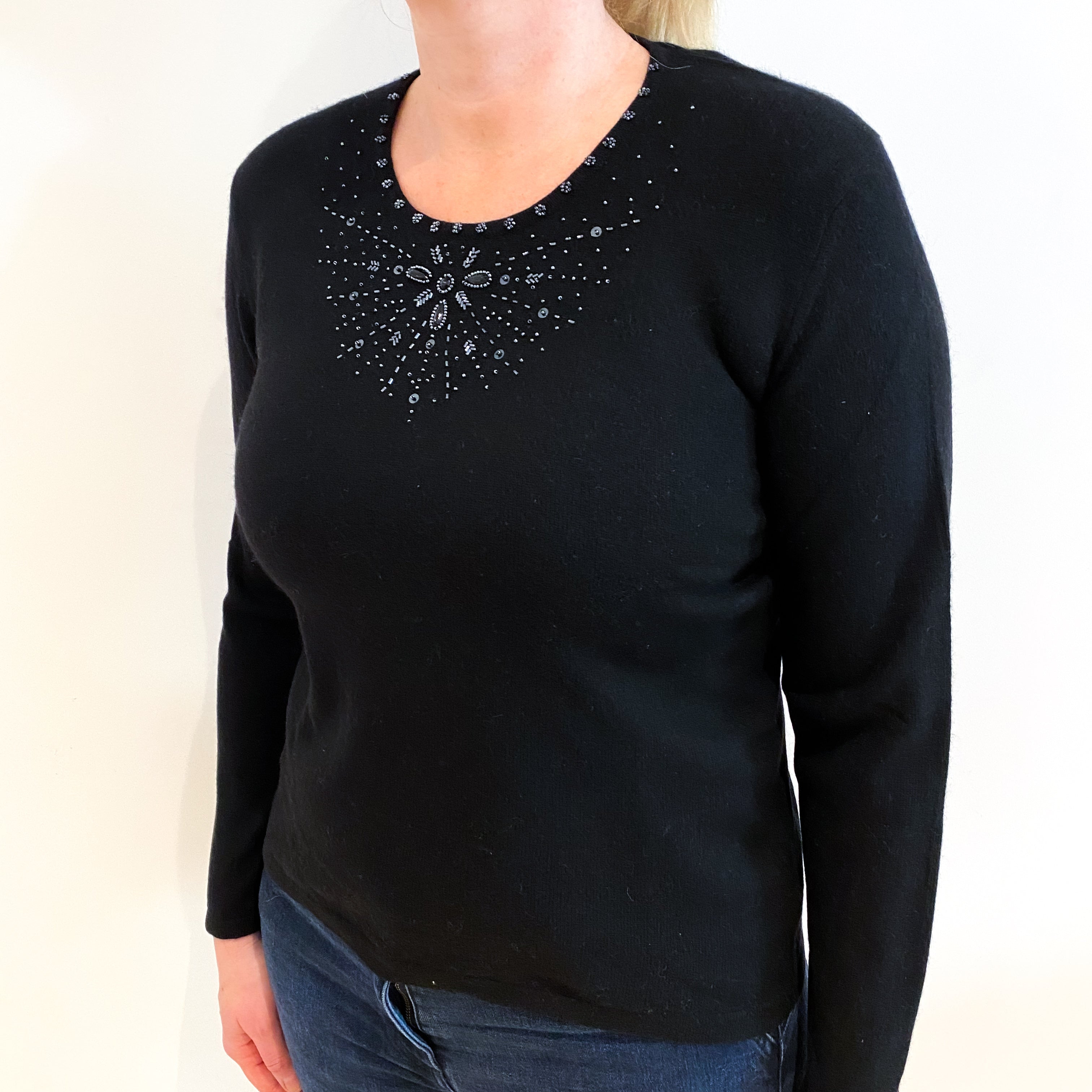 Black Cashmere Embellished Crew Neck Jumper Large