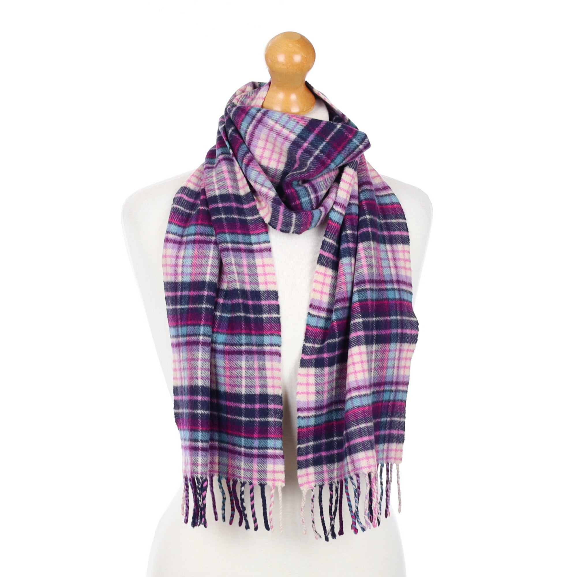 Purple Check Fringed Cashmere Woven Scarf