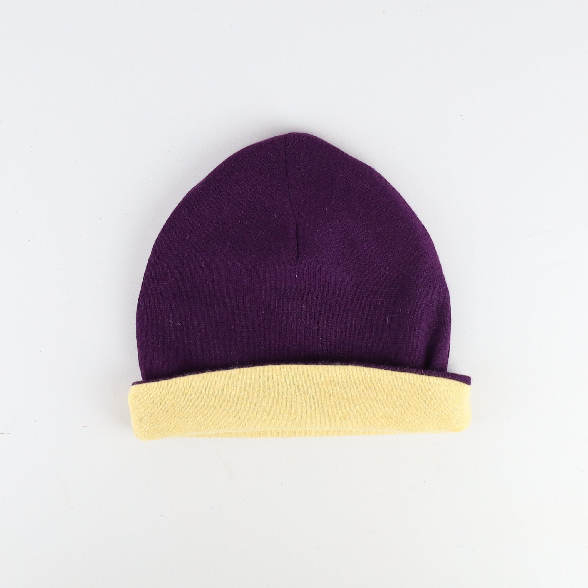 Aubergine Purple and Yellow Reversible Cashmere Beanie Hat